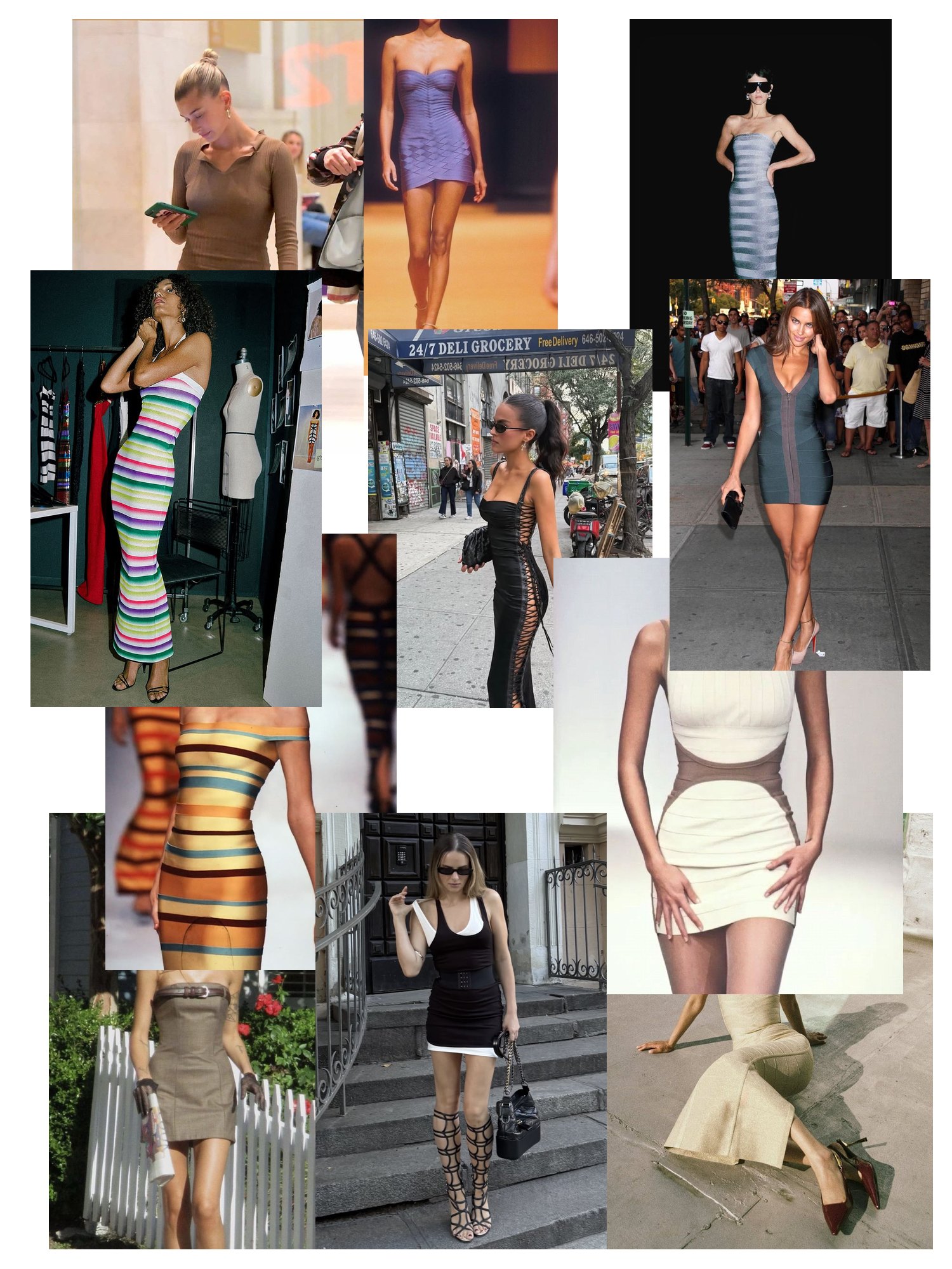 Street-style collage of 11 outfit photos featuring bandage dress, scattered and overlapping