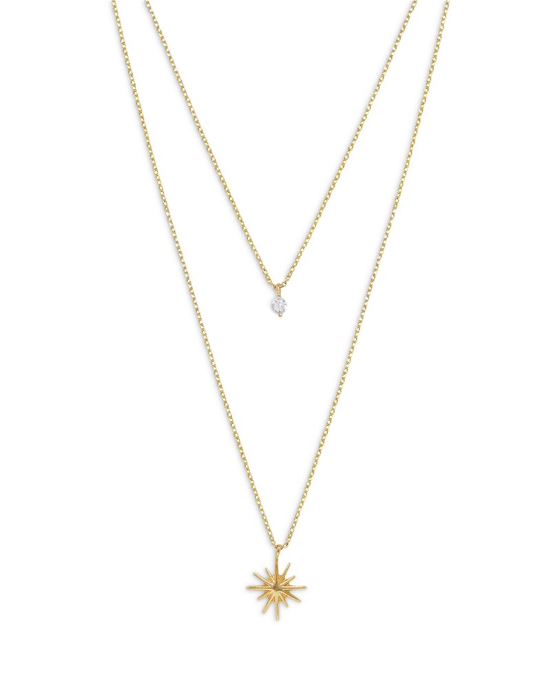 Cubic Zirconia & Starburst Layered Pendant Necklace in 18K Gold Plated, 15"-17"