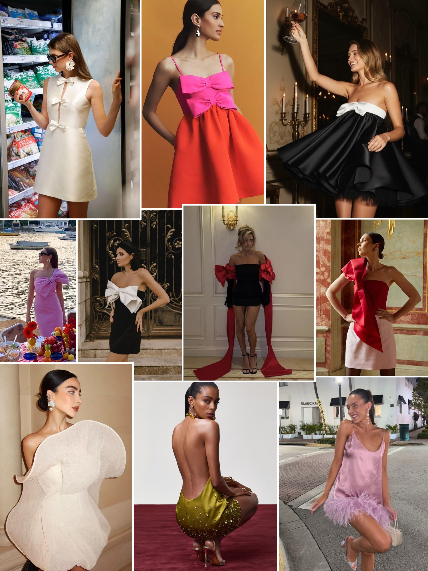 Collage of party dresses with bows, feathers and drapes