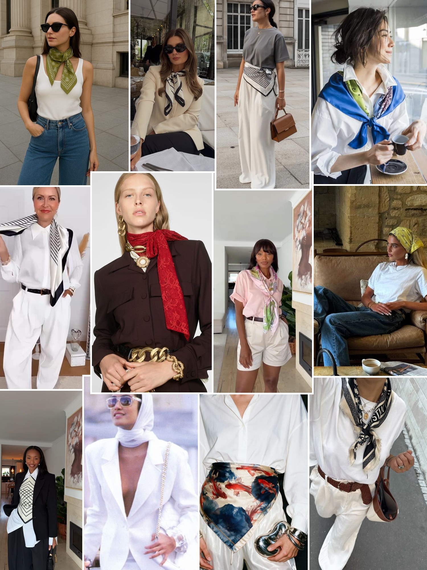 Collage of printed silk square scarves and similar looks