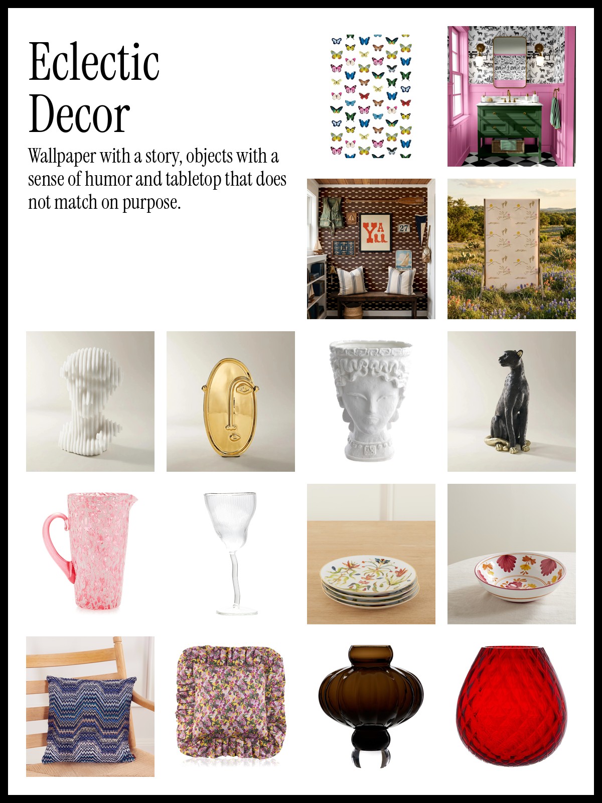 Collage of eclectic decor including patterned wallpaper, sculptural objects, glassware and cushions