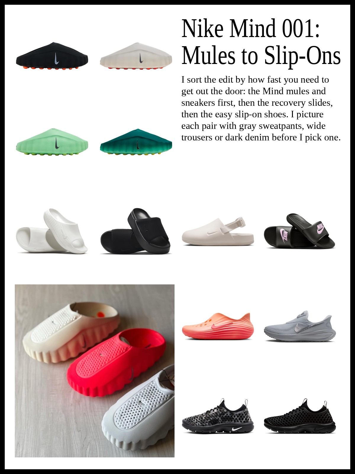 Collage of sculpted foam mules and perforated sneakers, recovery slides and platform mules, and easy slip-on sneakers and slippers, and a mood photo of bone, red and gray foam mules