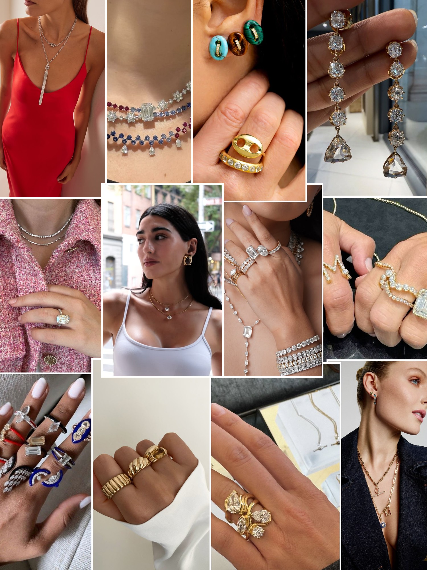 Collage of rings, earrings and layered necklaces worn up close, in the spirit of Mindi Mond New York