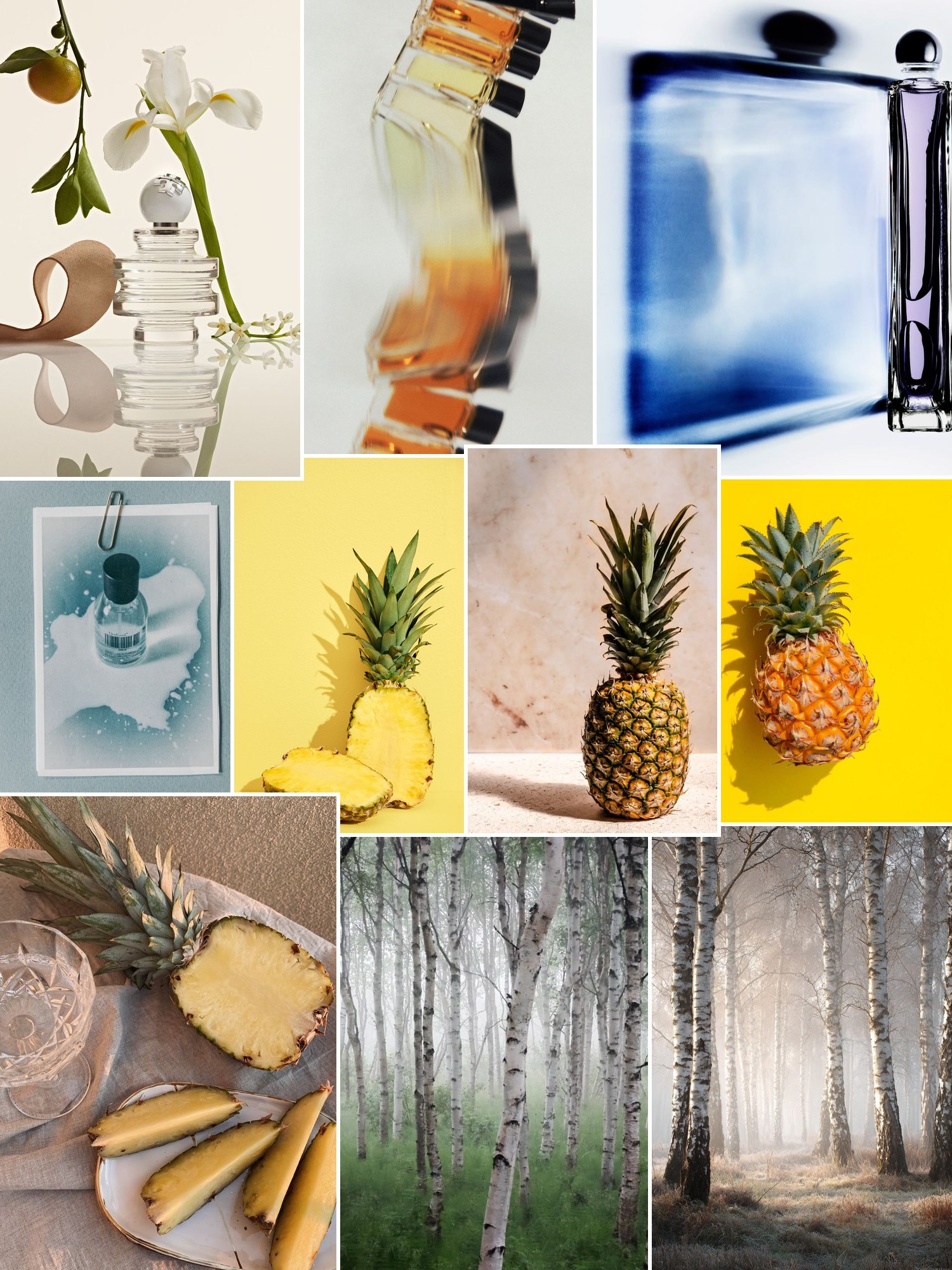 Collage of pineapple and smoky wood perfumes and similar looks