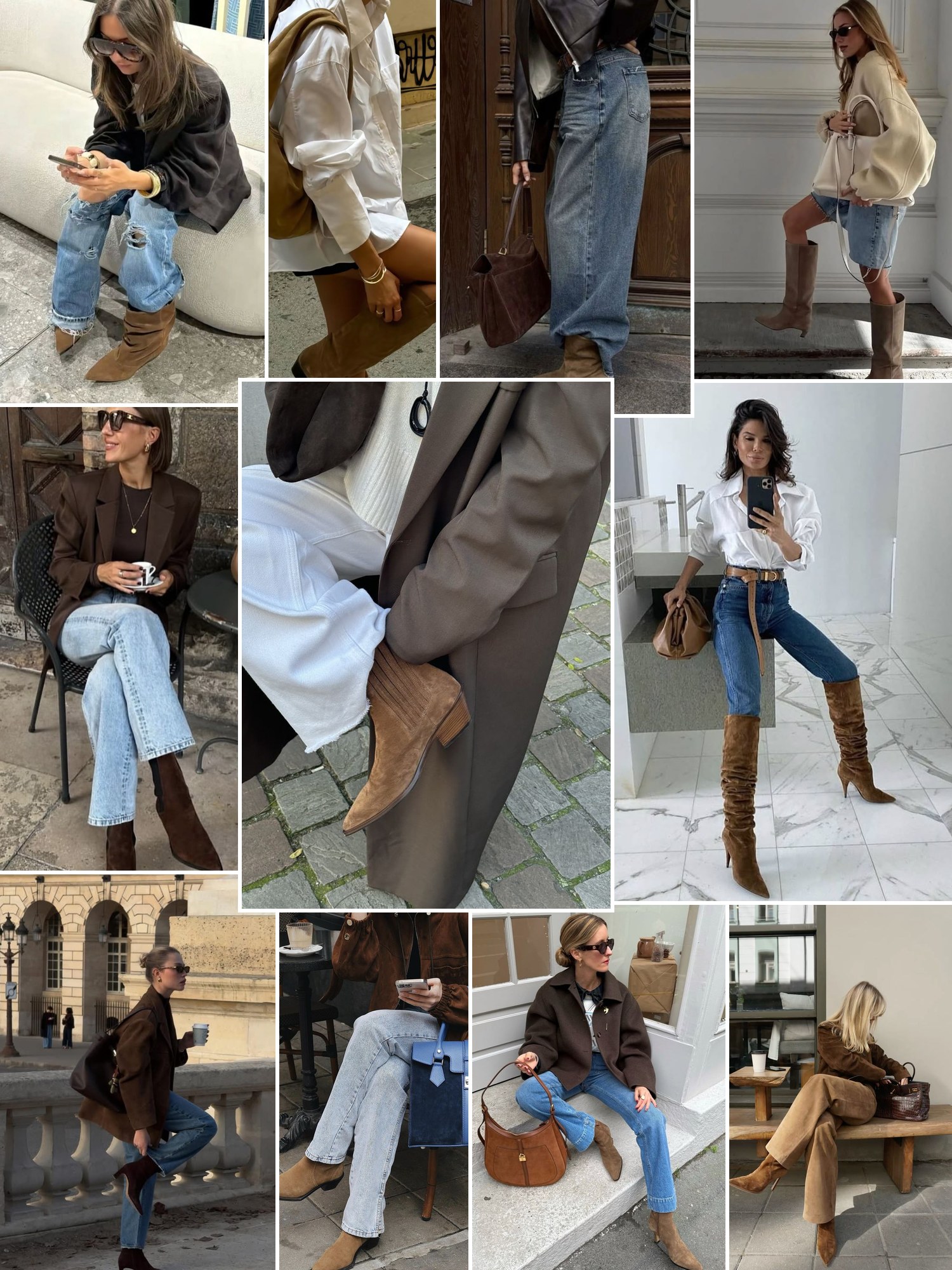 Collage of everyday outfits built around brown suede boots