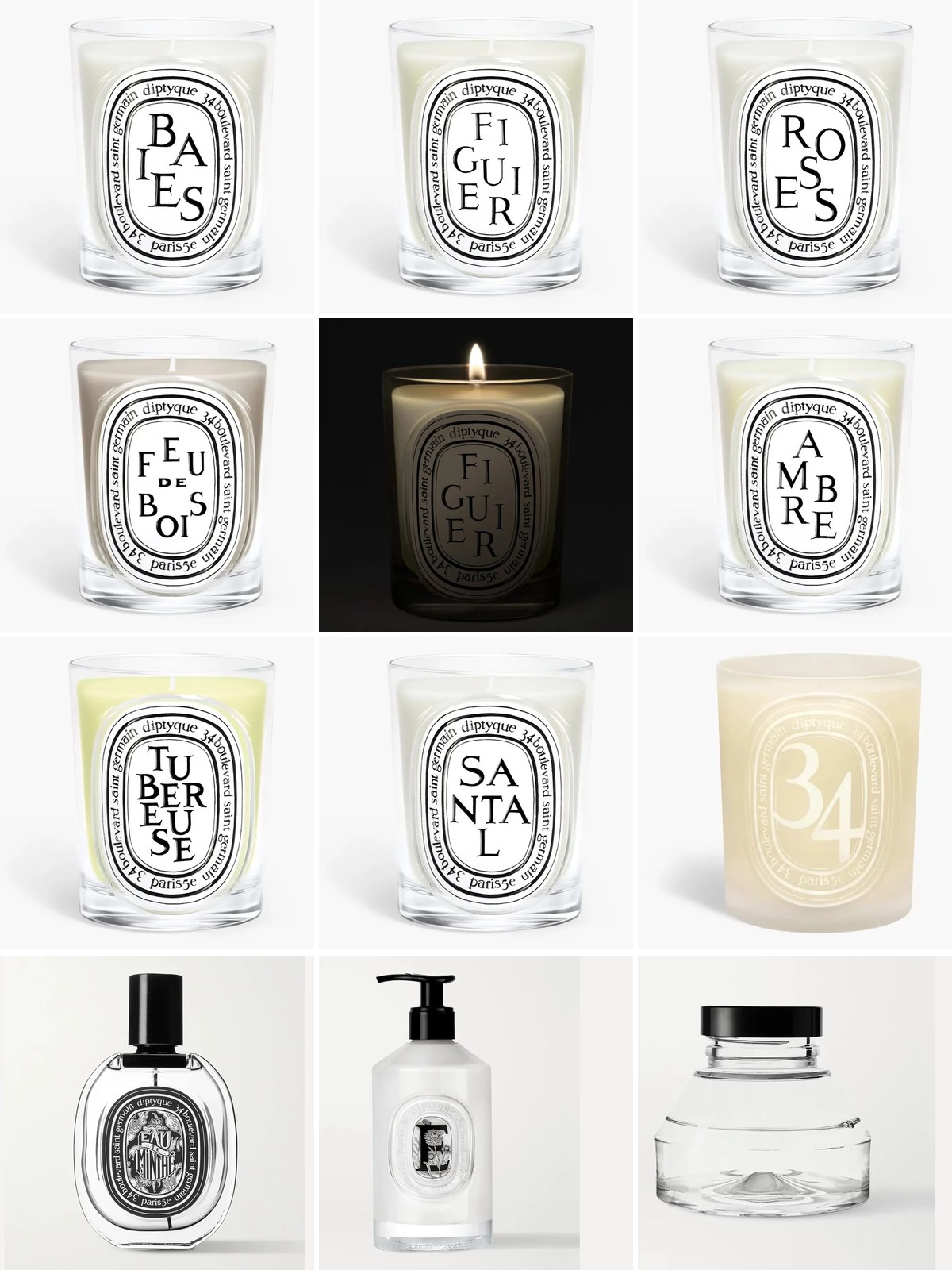 Diptyque classic candles, Minthé eau de parfum, Velvet Hand Lotion and Hourglass diffuser refill