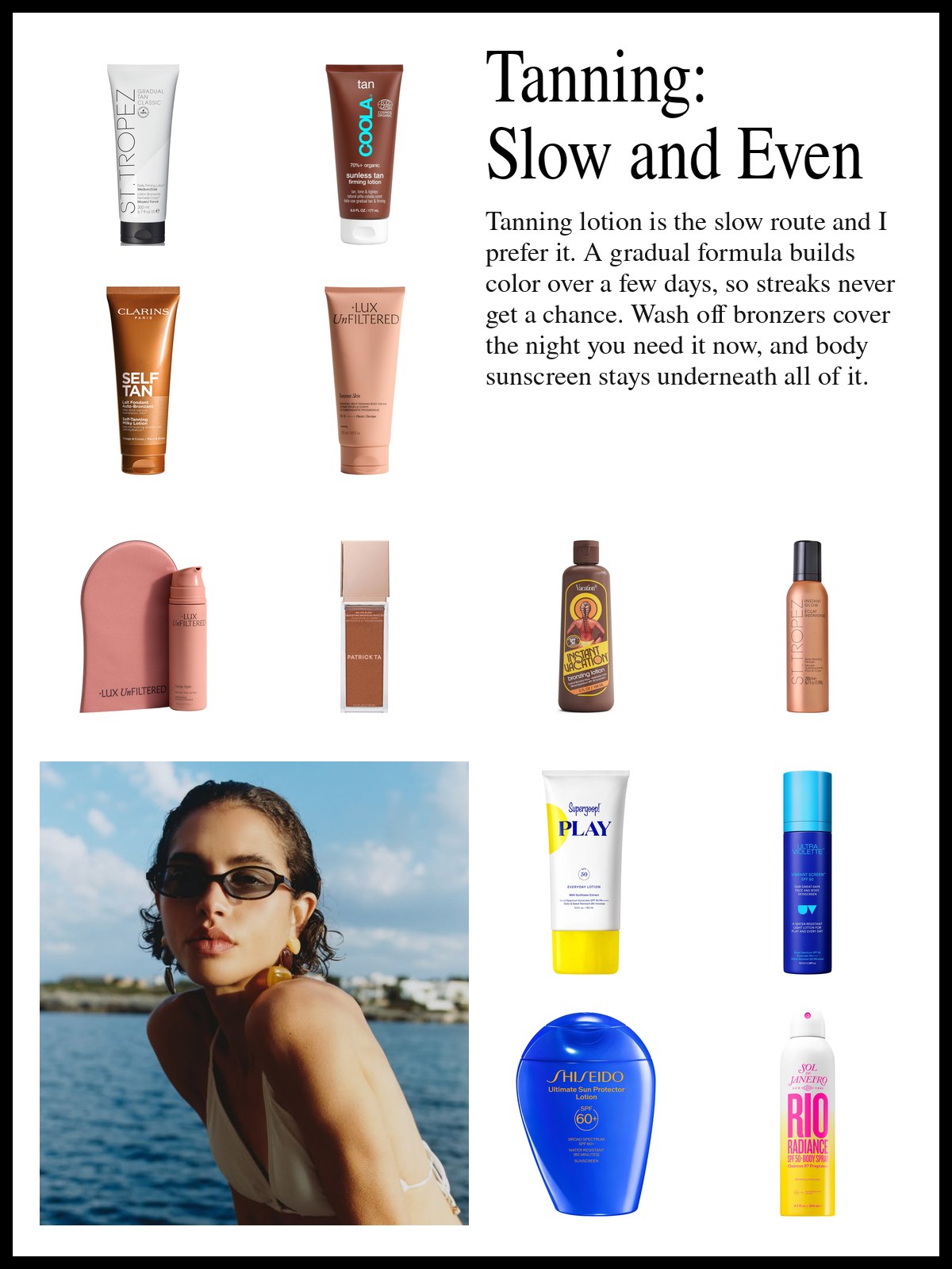 Collage of gradual tanning lotions, body bronzers and body sunscreens beside a photo of a woman in sunglasses by the sea.