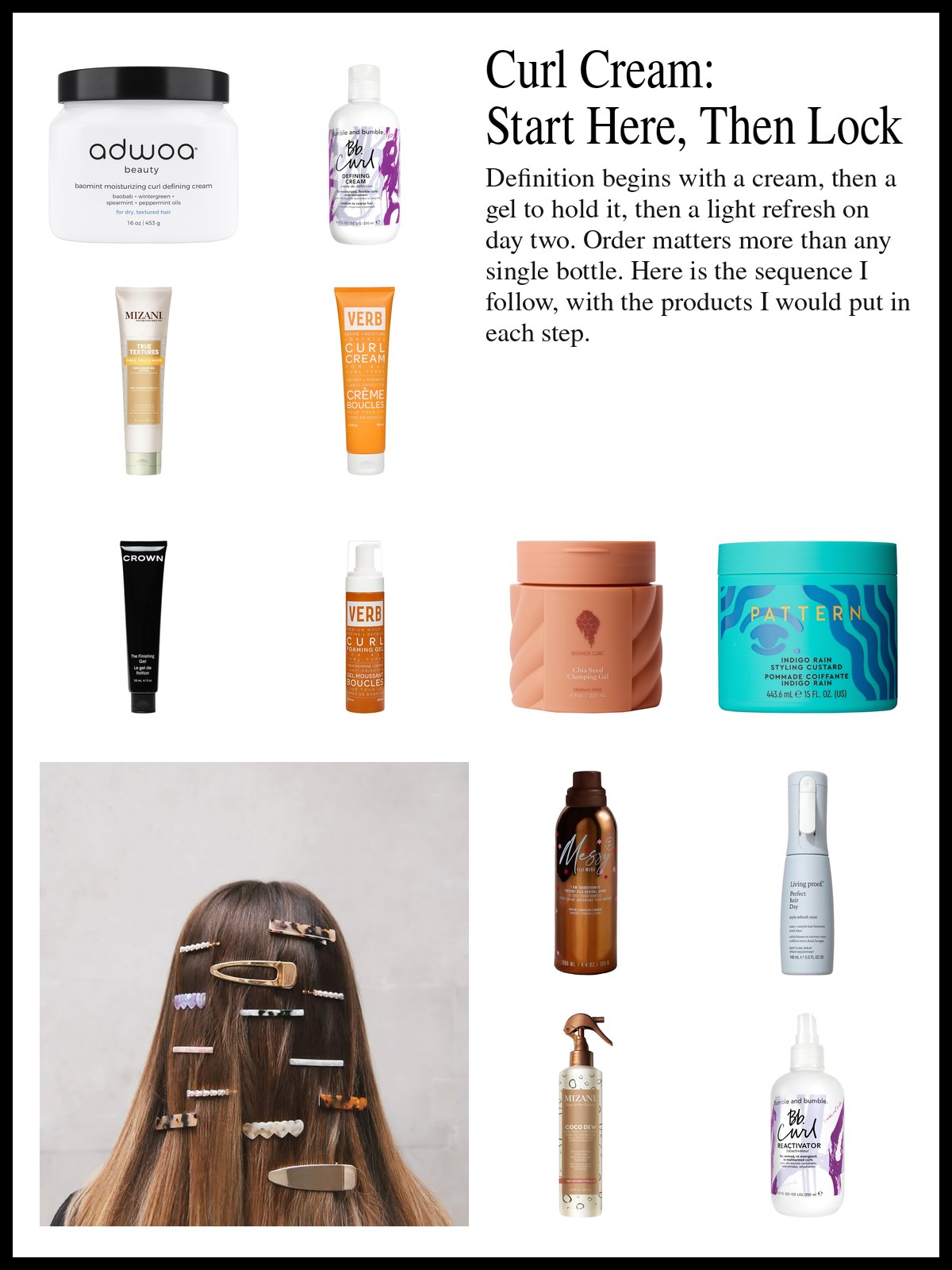 Collage of curl creams, gels, custards and refresh sprays beside a photo of the back of a woman's long, straight brown hair dotted with a dozen barrettes and clips against a pale wall.