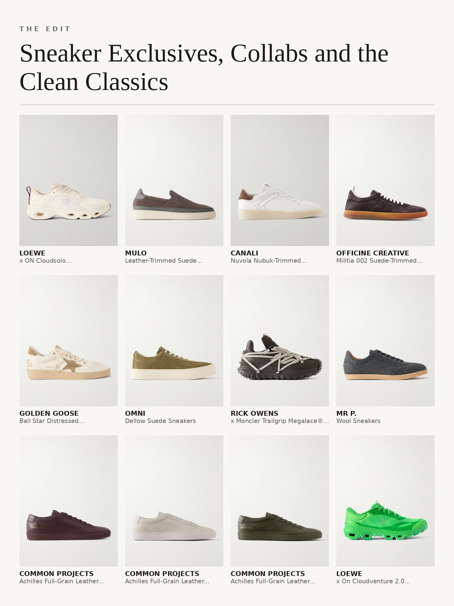 Collage of men's sneakers: Common Projects leather Decks, Golden Goose Super-Stars, LOEWE x On mesh runners, Rick Owens x Moncler and Mr P. suede sneakers