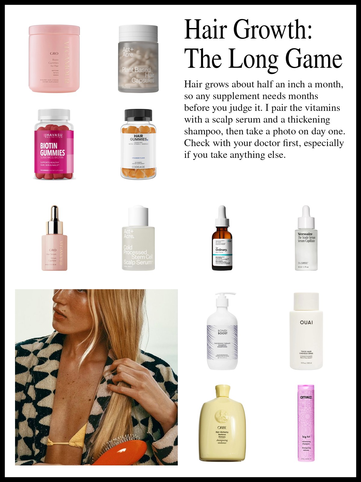 Collage of hair gummies, capsules, scalp serums and volumizing shampoos beside a photo of a woman with long blonde hair.