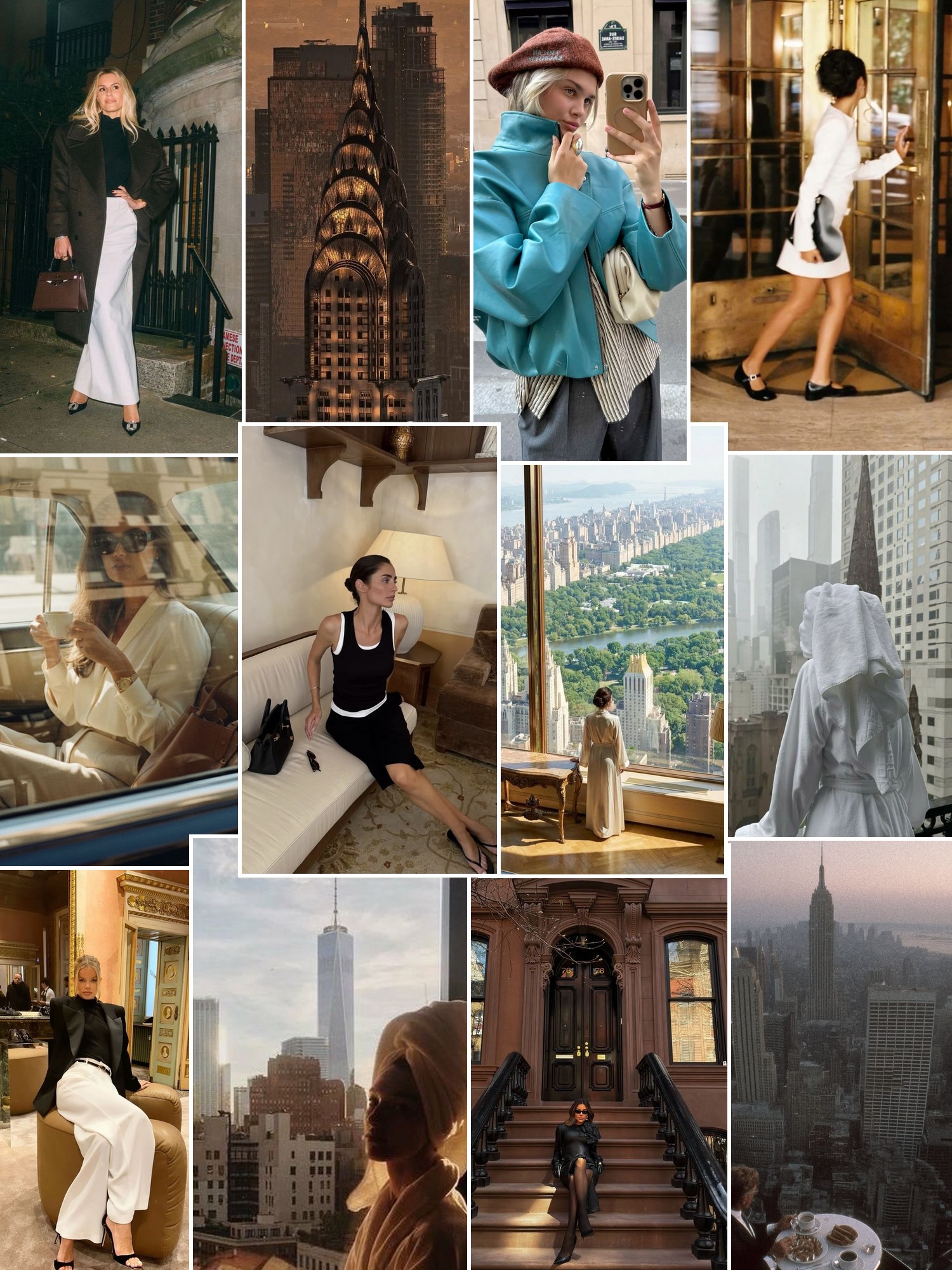 Collage of polished city outfits, leather bags, hotel interiors and New York travel scenes