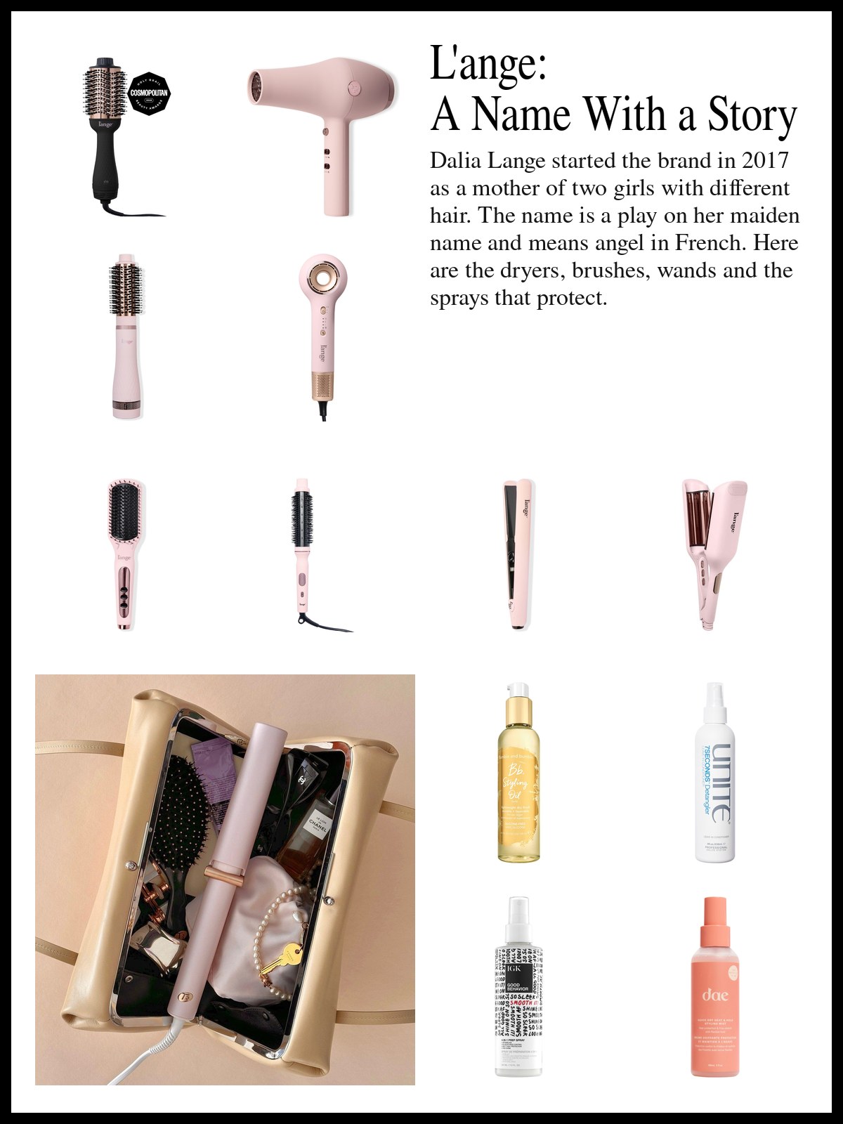Collage of L'ange dryers, brushes, wands and heat protectant sprays beside a photo of a woman with her hair in a loose bun, wearing a white bodysuit and sitting barefoot on a pale floor beside a glass of water.
