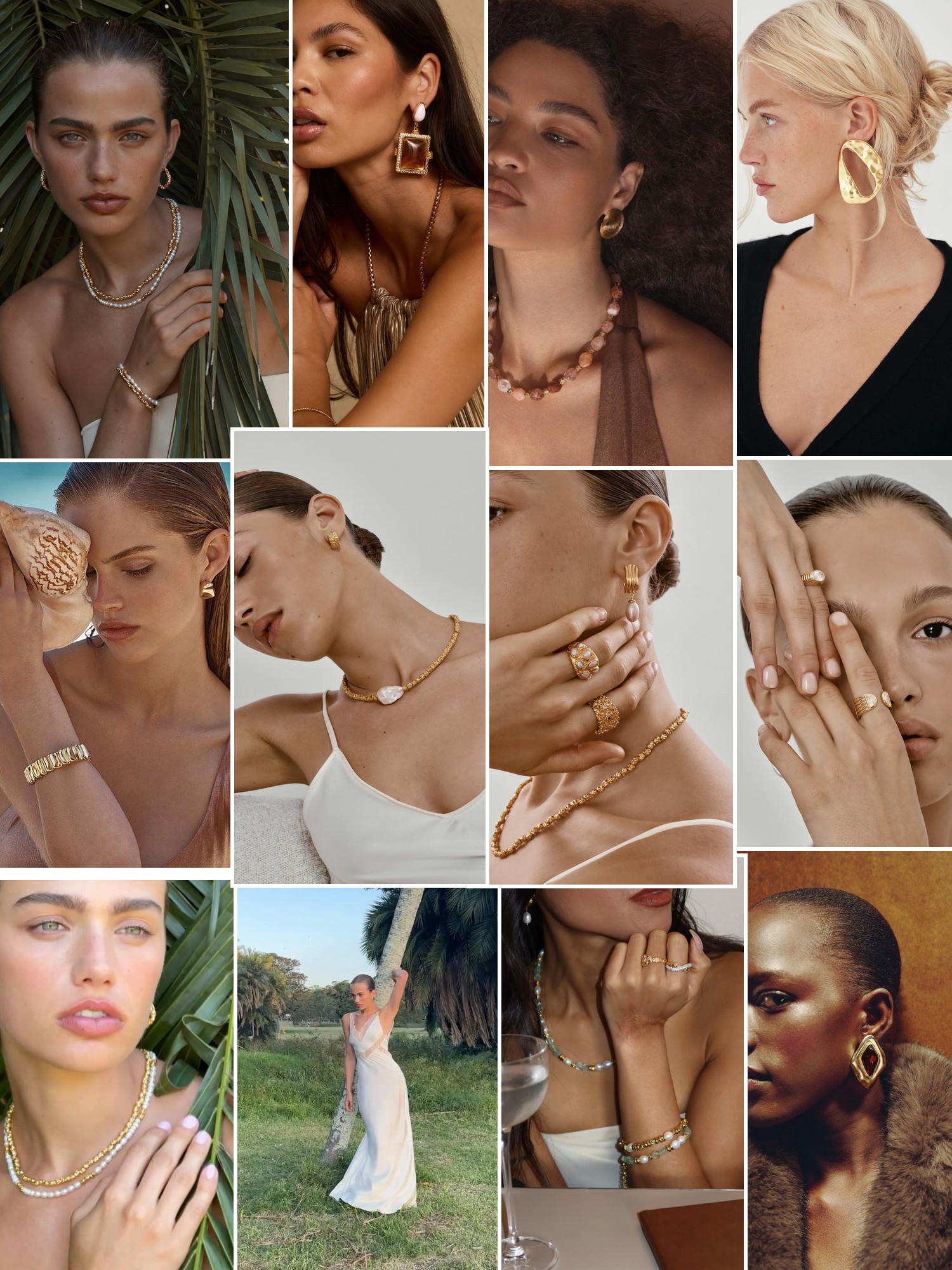 Collage of rings, earrings and layered necklaces worn up close, in the spirit of Amber Sceats