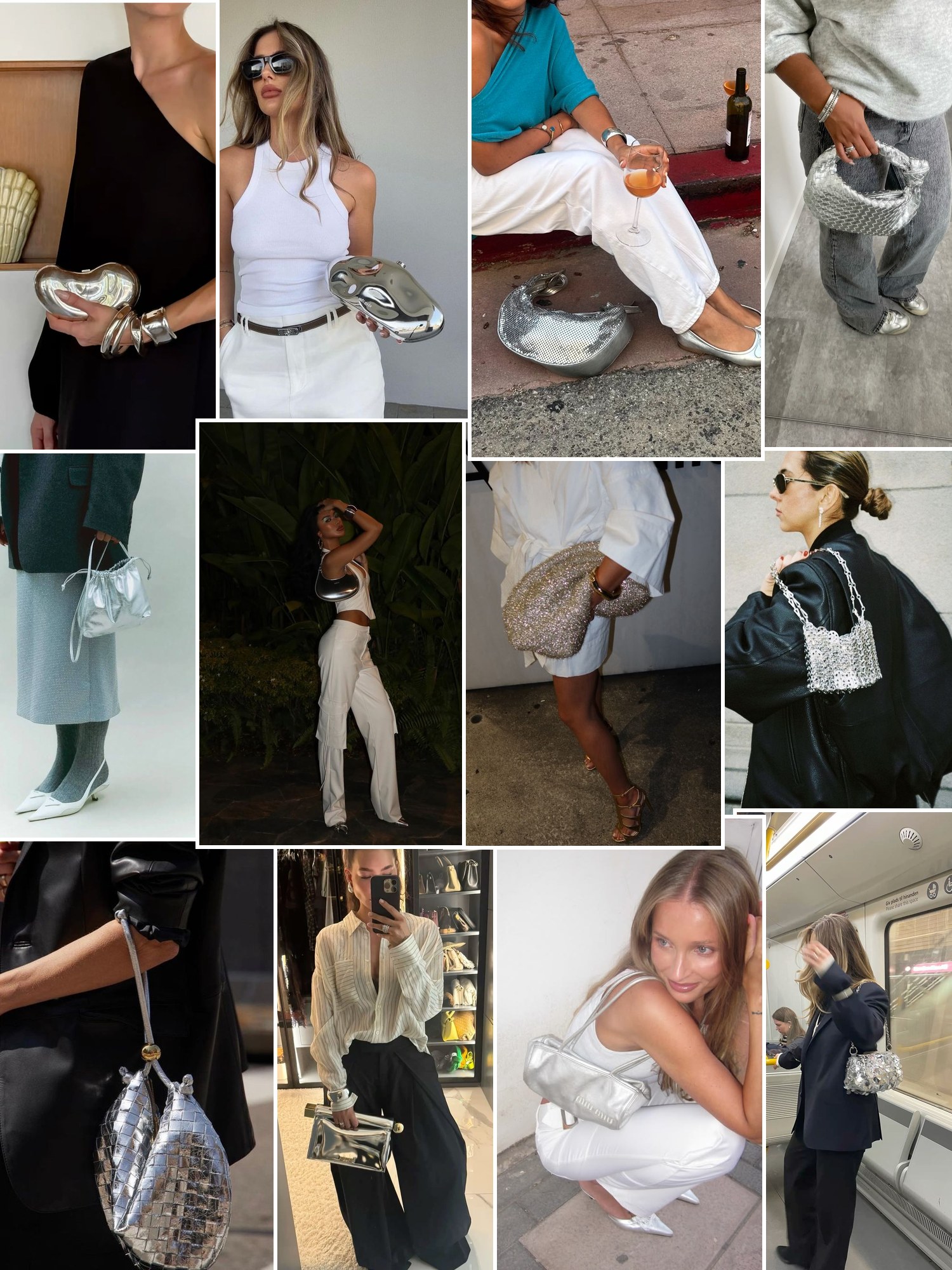 Street style collage of women wearing silver clutch