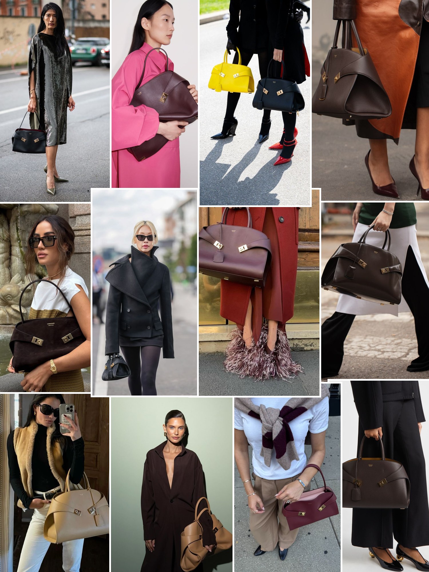 Street style collage of women wearing Ferragamo Hug bag