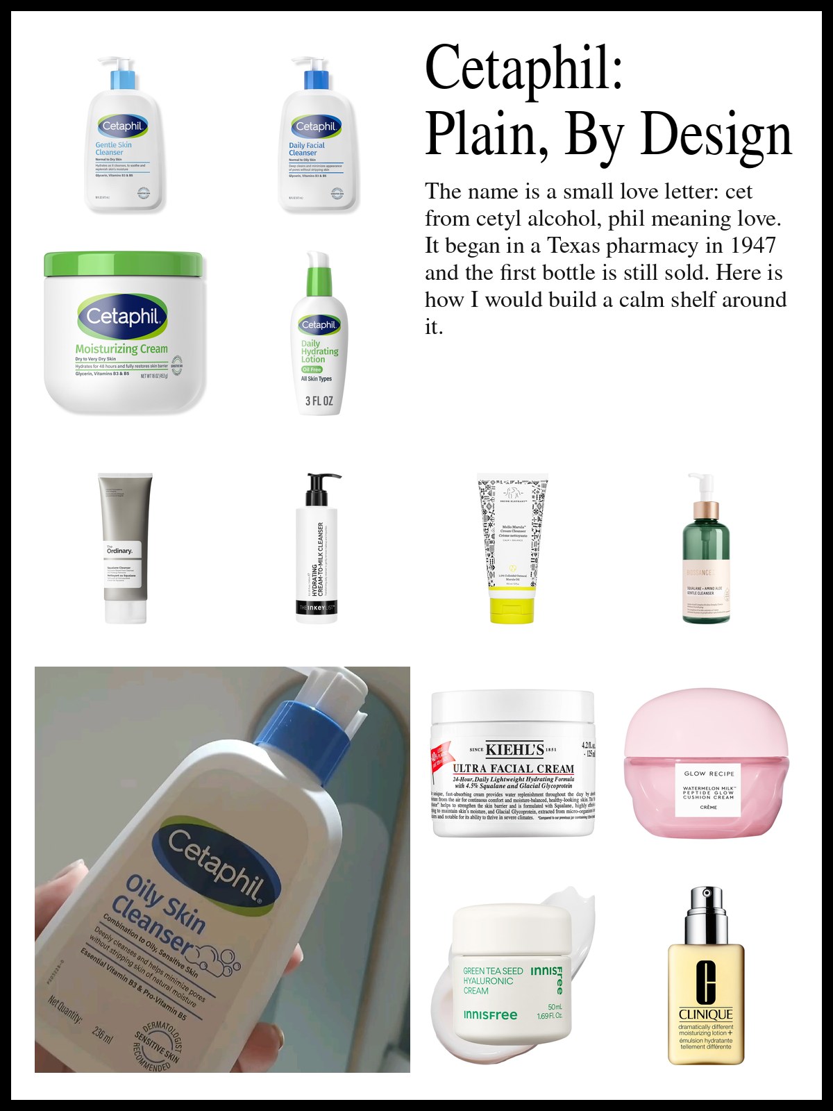 Collage of Cetaphil cleansers and lotions, gentle face washes and simple moisturizers beside a close-up photo of a coral-red lip tint tube beaded with water drops, resting on a halved peach.