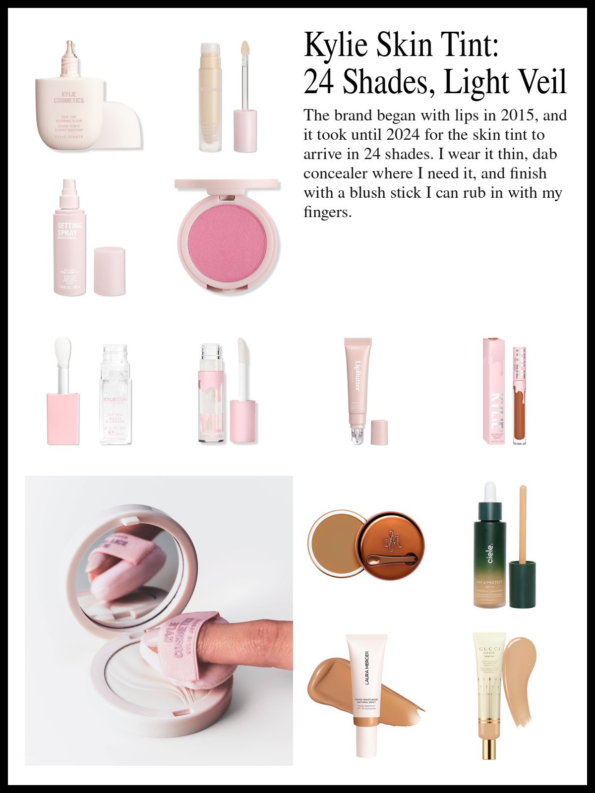Collage of Kylie Cosmetics skin tint, concealer, blush sticks, lip oil and glosses, plus skin tints from other brands, and a mood photo of a compact with a pink powder puff.