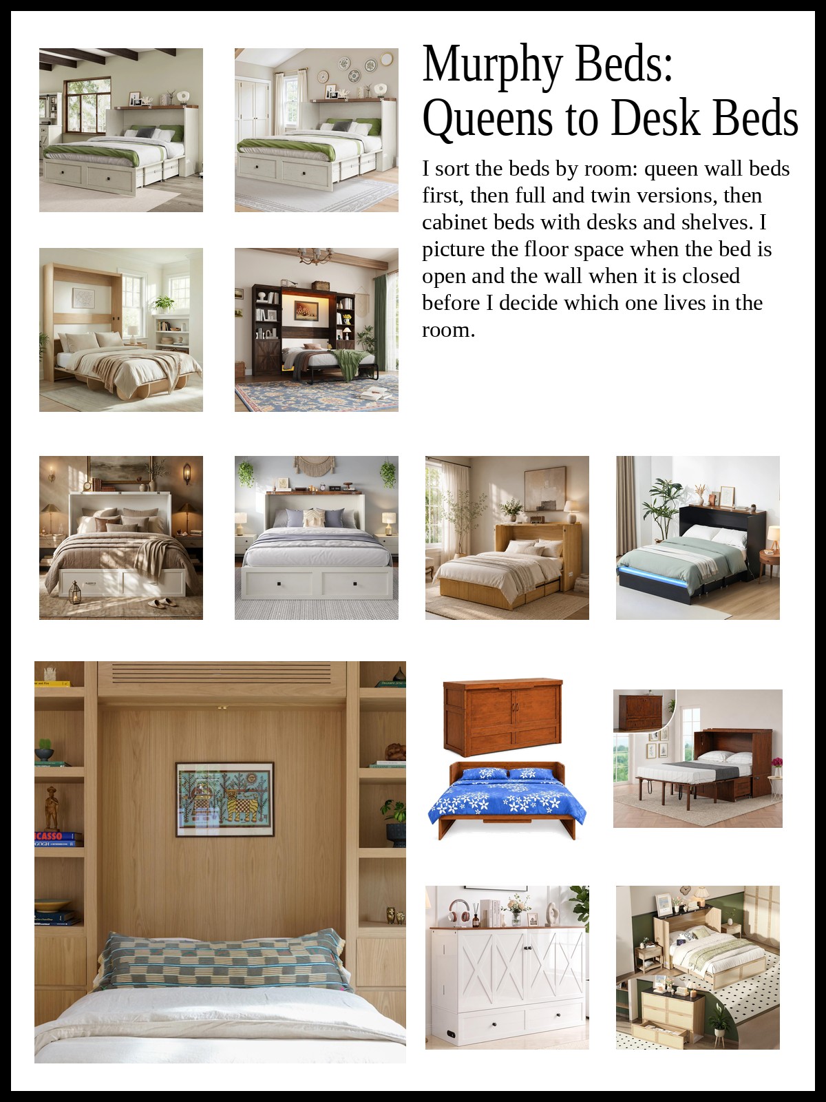 Collage of queen wall beds with storage, full and twin cabinet beds with LED lights, and cabinet beds with desks and shelves, and a mood photo of a fold-down bed in an oak wall niche