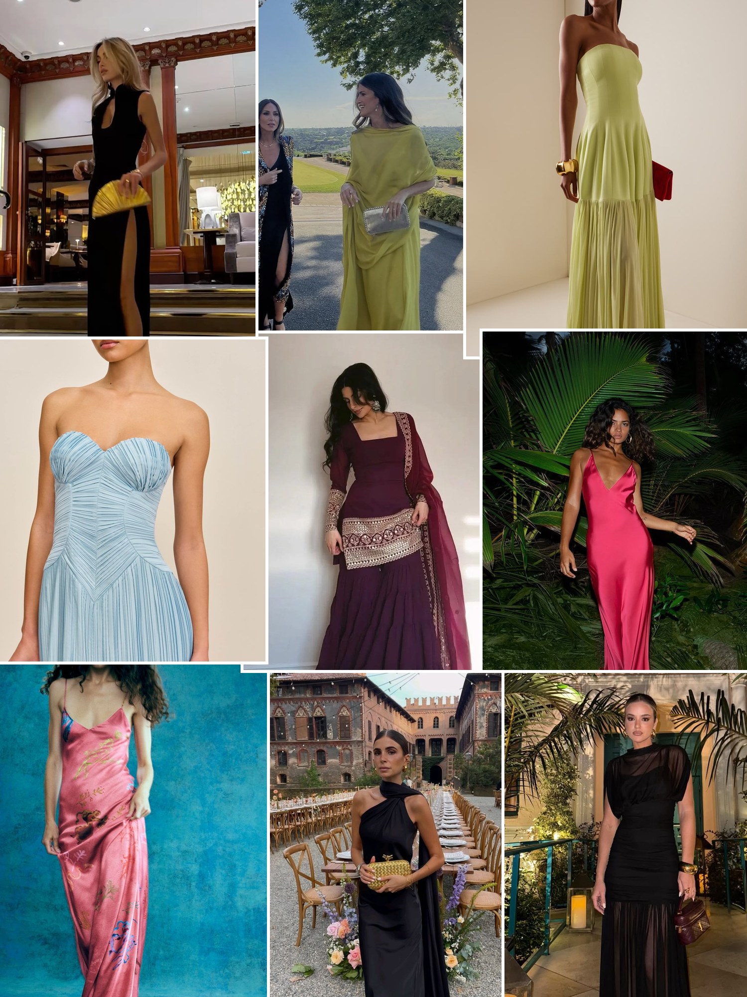 Street style collage of women wearing black tie optional dresses