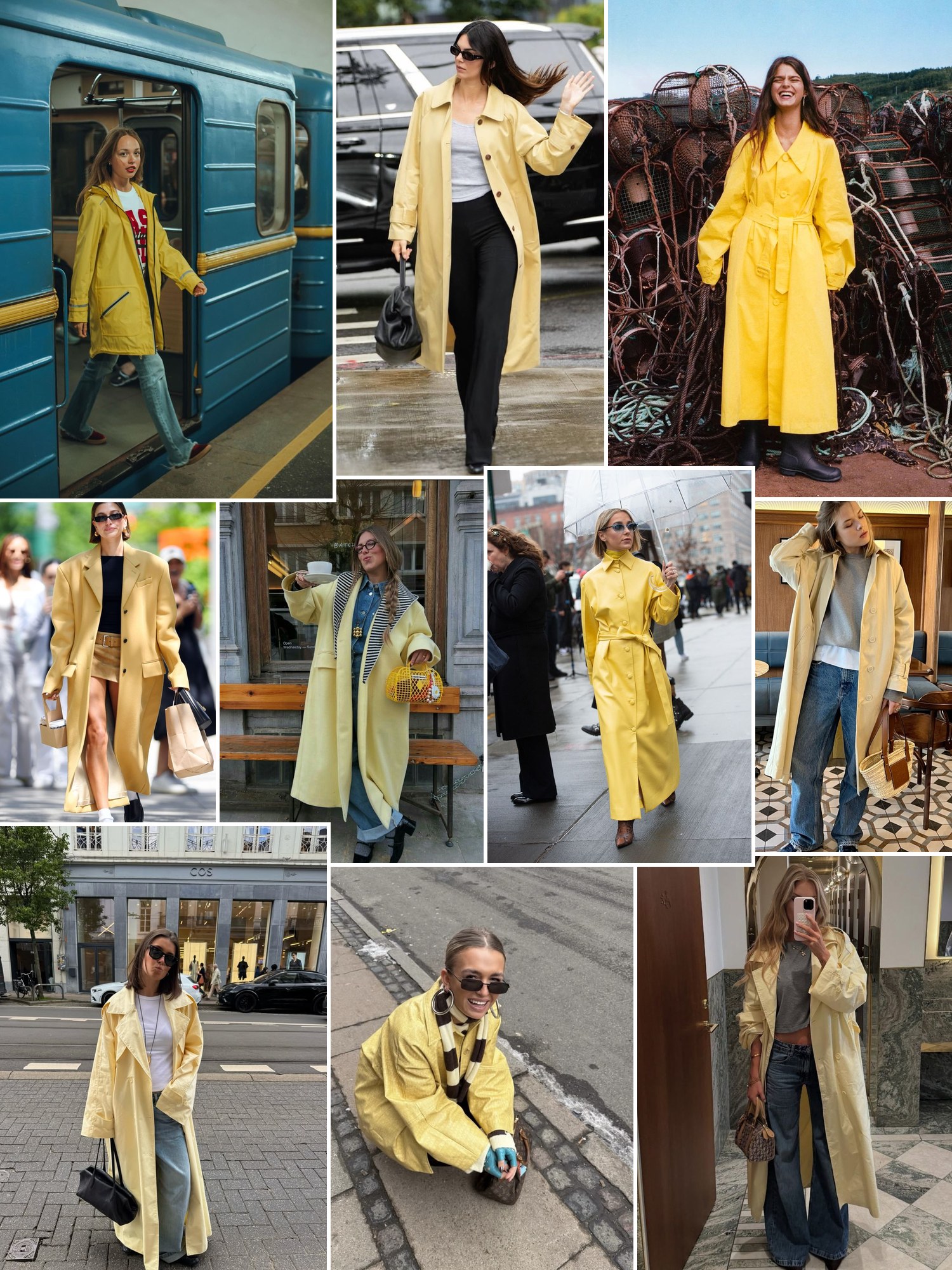 Street style collage of women wearing Damson Madder raincoat