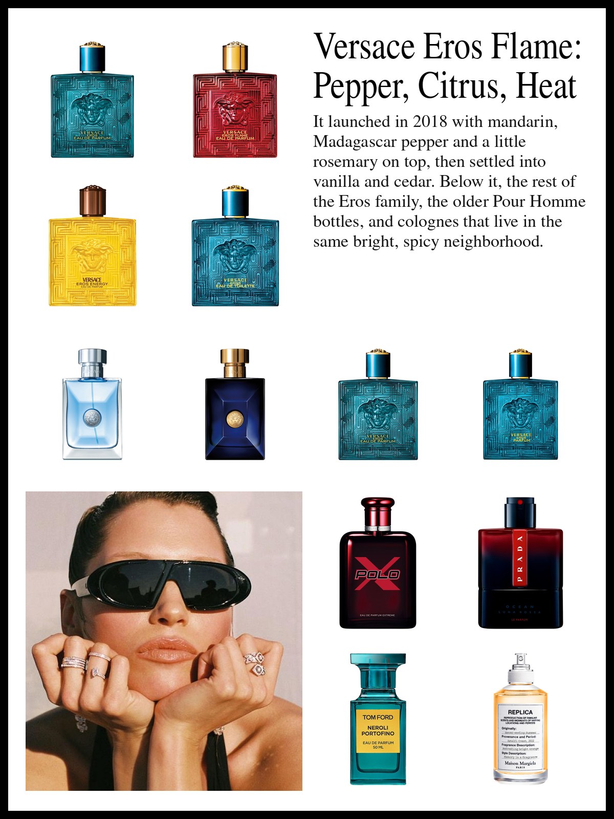Collage of Versace Eros bottles, Pour Homme and Dylan Blue beside a close-up photo of a woman in narrow black wraparound sunglasses, resting her chin on stacked hands covered in diamond rings.