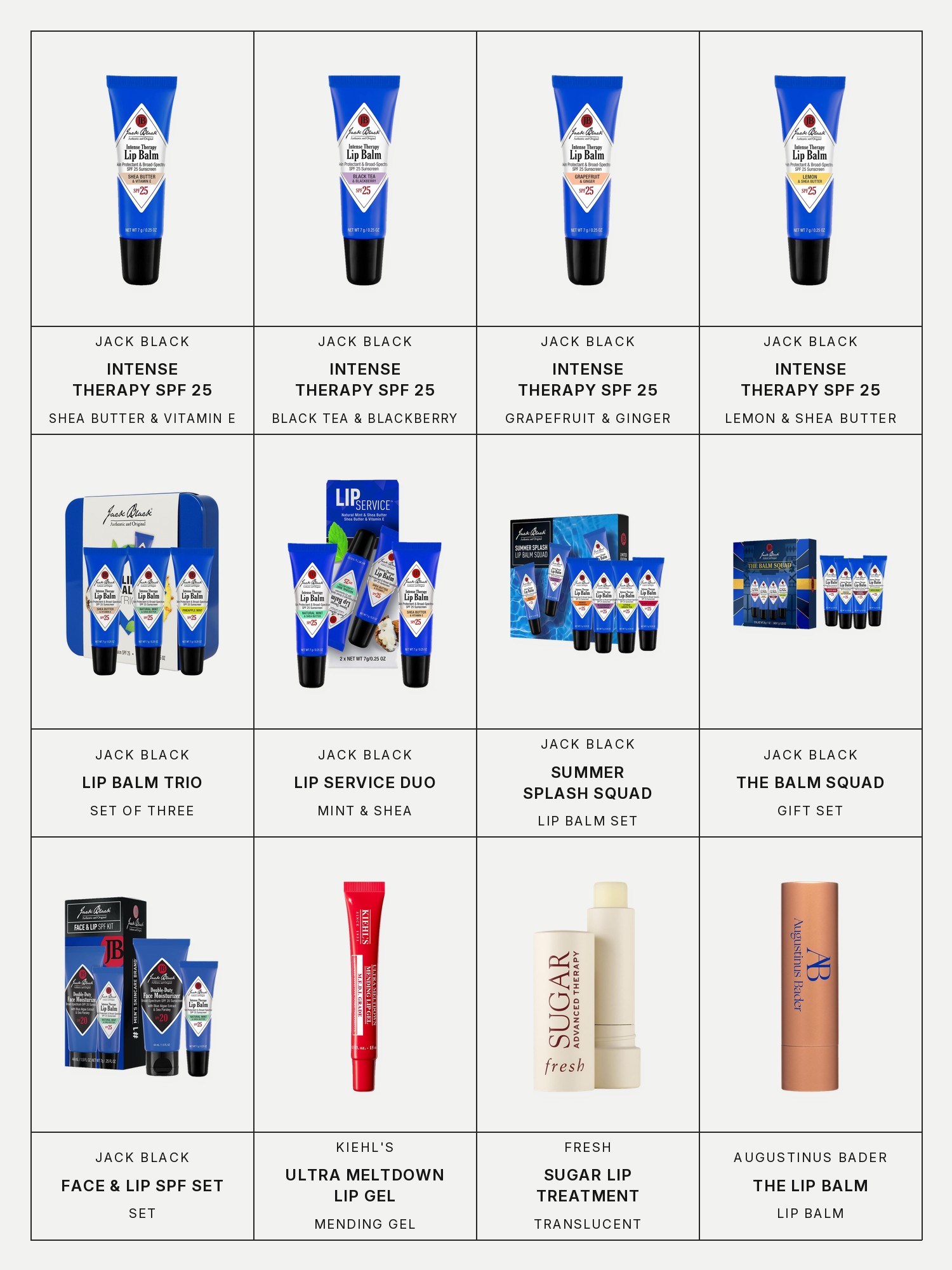 Twelve boxes on a pale gray page, one for each product in this edit, each with its brand and name printed below: Jack Black Intense Therapy Lip Balm SPF 25 in Shea Butter & Vitamin E, Jack Black Intense Therapy Lip Balm SPF 25 in Black Tea & Blackberry, Jack Black Intense Therapy Lip Balm SPF 25 in Grapefruit & Ginger, Jack Black Intense Therapy Lip Balm SPF 25 in Lemon & Shea Butter, Jack Black Lip Balm Trio, Jack Black Lip Service Lip Balm Duo Mint & Shea, Jack Black Summer Splash Lip Balm Squad, Jack Black The Balm Squad Lip Balm Gift Set, Jack Black Face & Lip SPF Set, Kiehl's Ultra Meltdown Mending Lip Gel, Fresh Sugar Advanced Therapy Treatment Lip Balm and Augustinus Bader The Lip Balm.