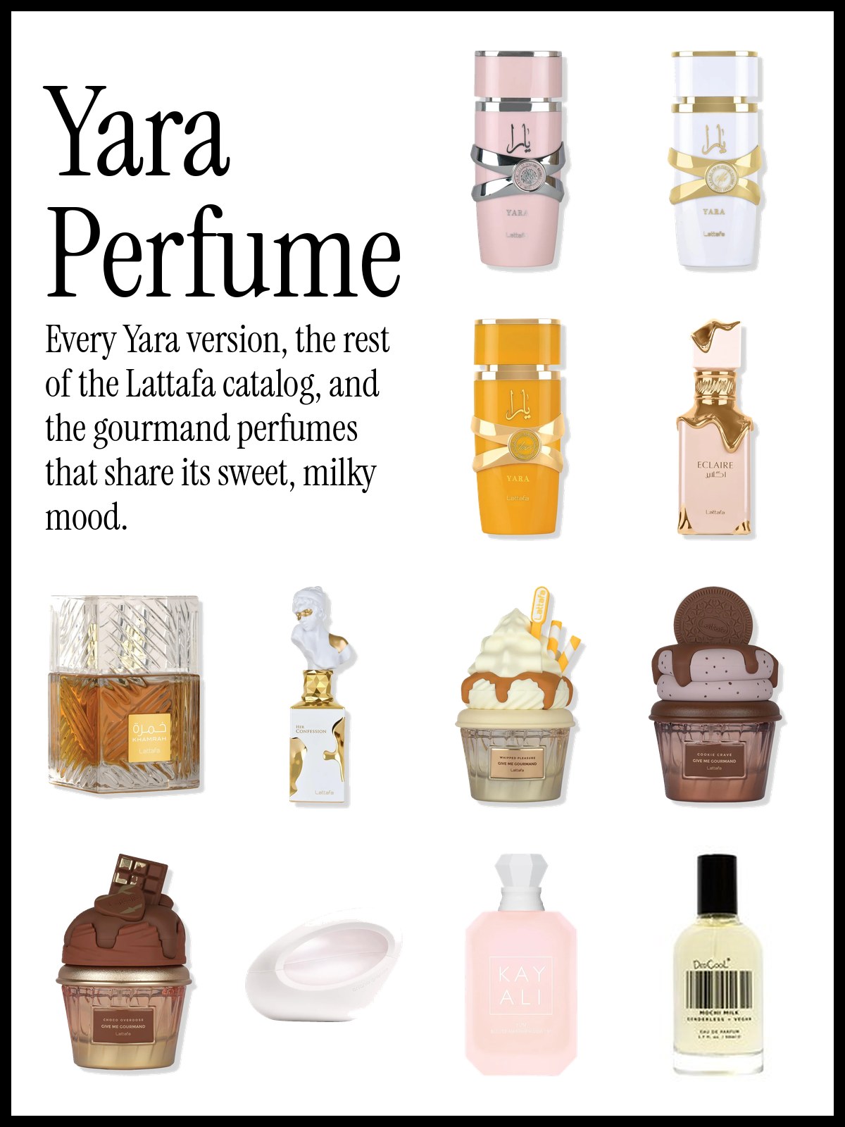 Collage of Lattafa Yara perfume bottles with gourmand and vanilla perfume alternatives