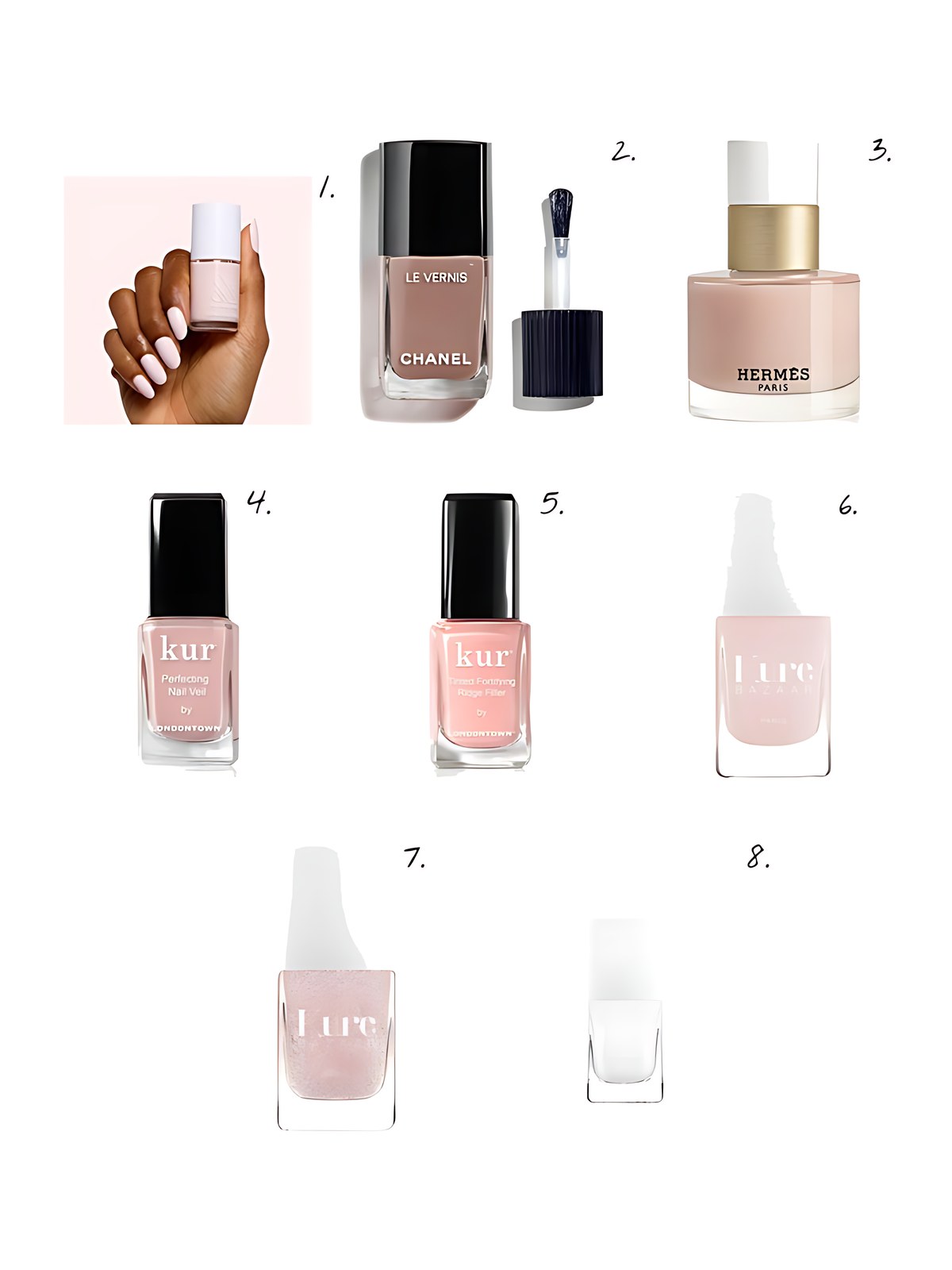 Numbered collage: 1. Olive & June Brave Blush; 2. Chanel LE VERNIS; 3. Hermès Les Mains Hermès Nail Enamel; 4. Londontown Perfecting Nail Veil 0.4 oz.; 5. Londontown Tinted Fortifying Ridge Filler - Petal Pink 0.4 oz.; 6. Kure Bazaar Nail Polish; 7. Kure Bazaar Stella Nail Polish; 8. Kure Bazaar French White Nail Polish