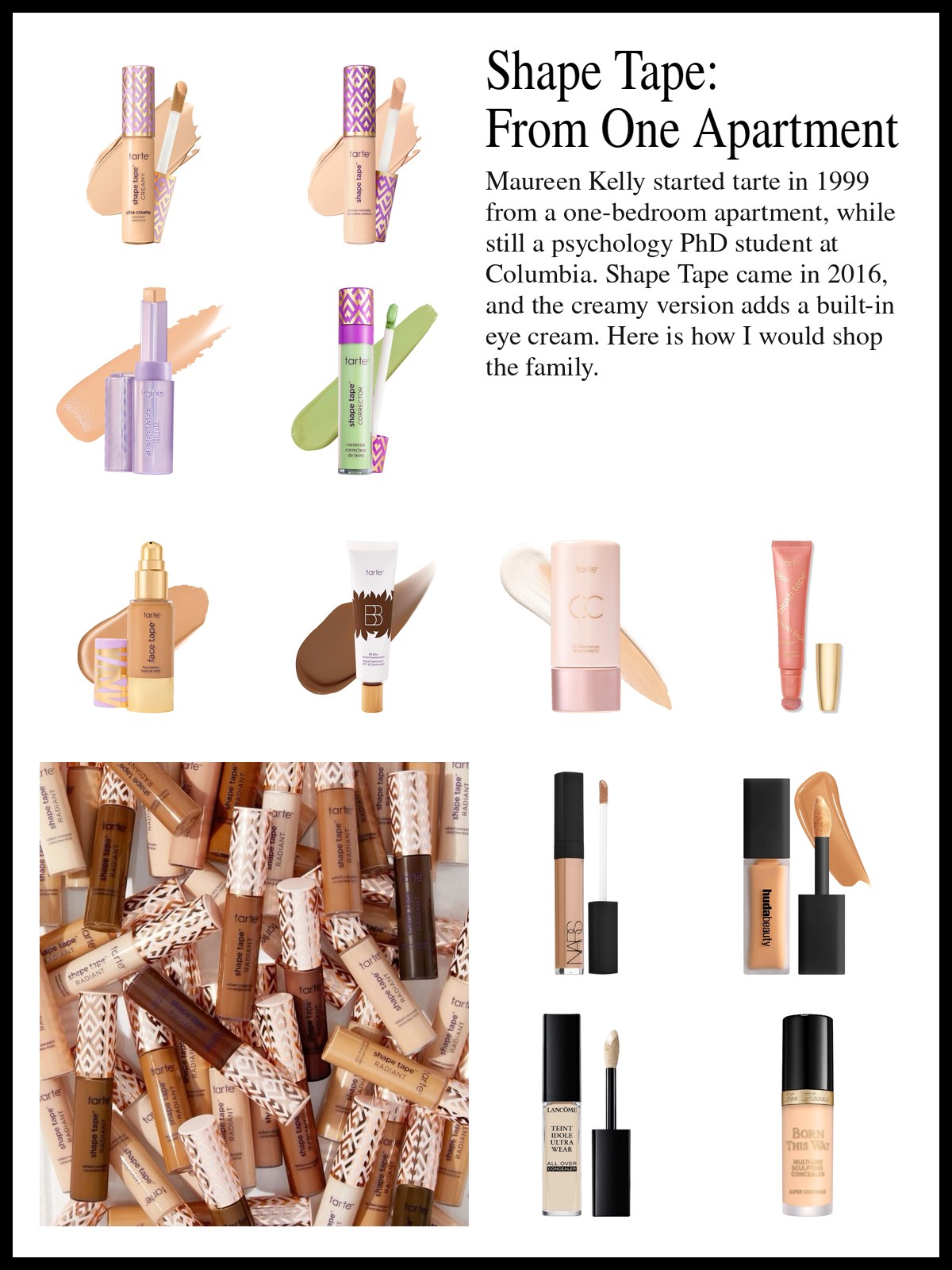 Collage of Shape Tape concealers, a face tape foundation, tinted moisturizer, blush and contour, plus other creamy concealers, and a mood photo of a pile of Shape Tape concealer tubes.
