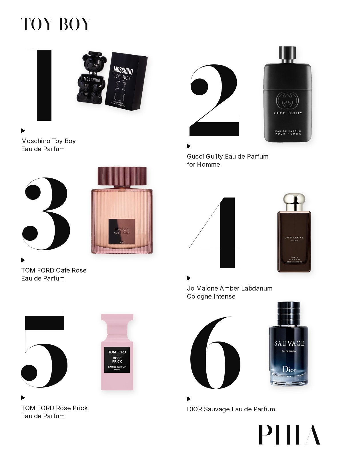 Big numbers collage for Moschino Toy Boy: six products from Moschino, Gucci, Tom Ford, Jo Malone London and Dior, each set beside a large numeral