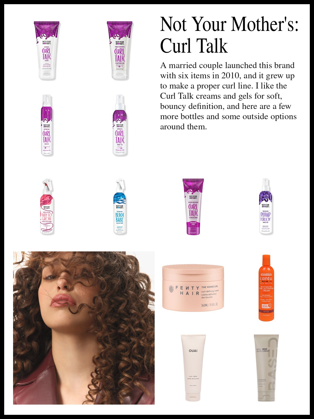 Collage of Not Your Mother's Curl Talk creams and gels, conditioners and sprays, and curl creams from other brands, and a mood photo of a woman with big, bouncy brown curls.