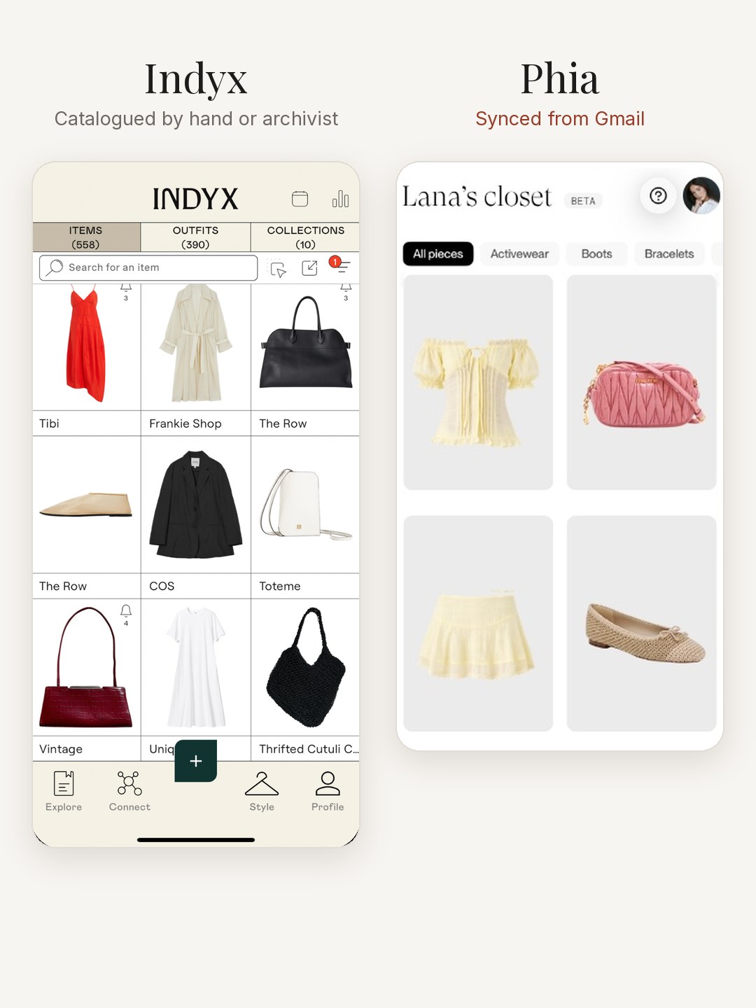 Side by side: Indyx's catalogued closet grid, next to Lana's Phia closet with a yellow top, pink bag, yellow skirt and flats