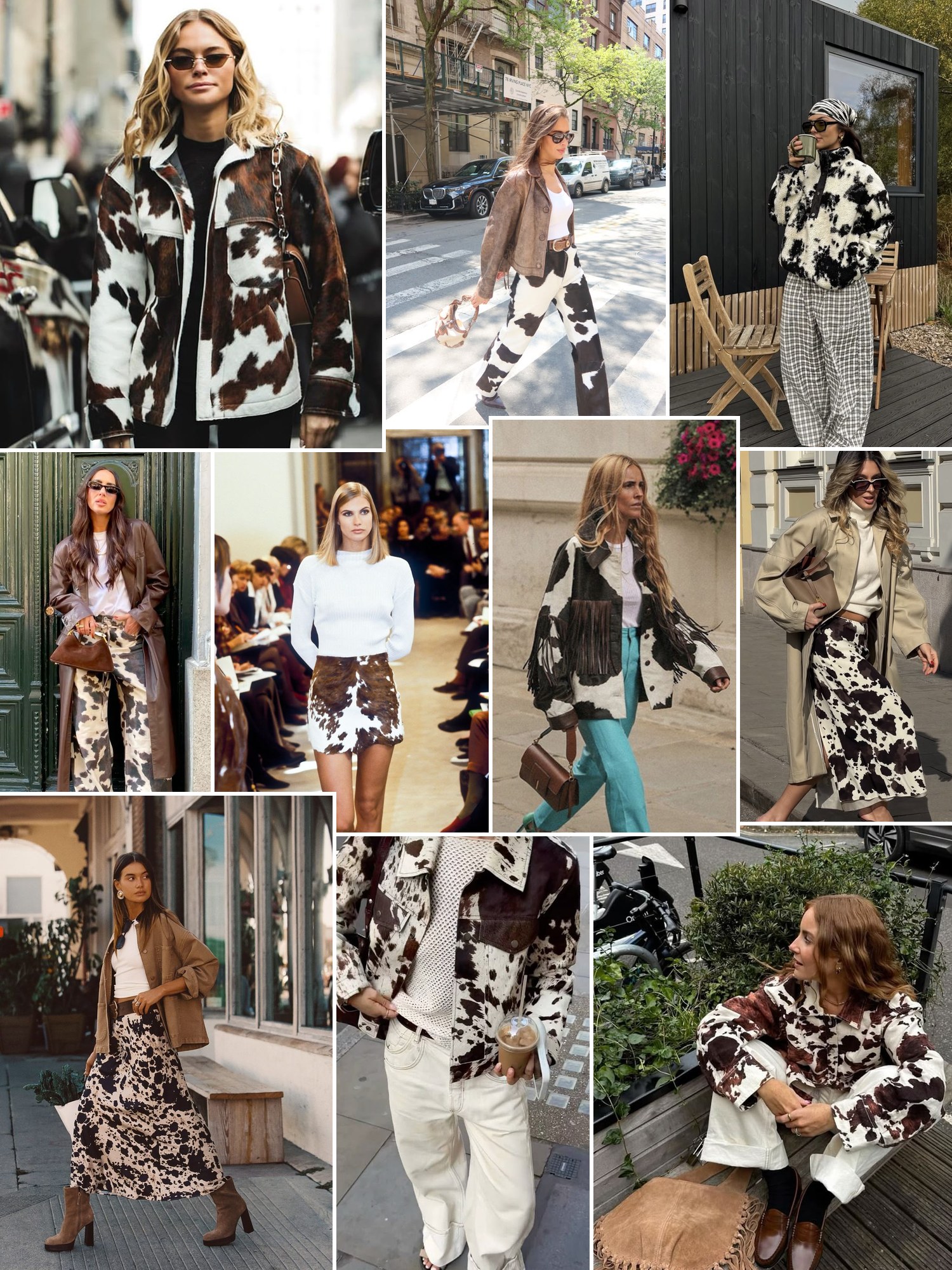 Street style collage of women wearing cow print