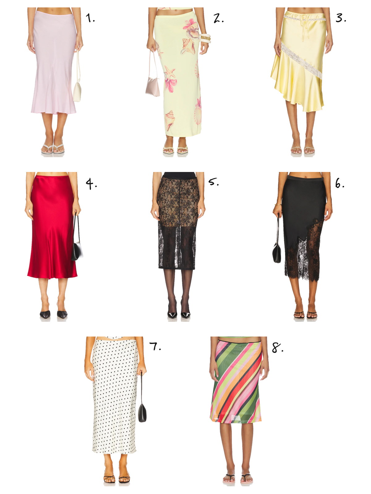 Midi skirts collage: satin, lace and everyday shapes