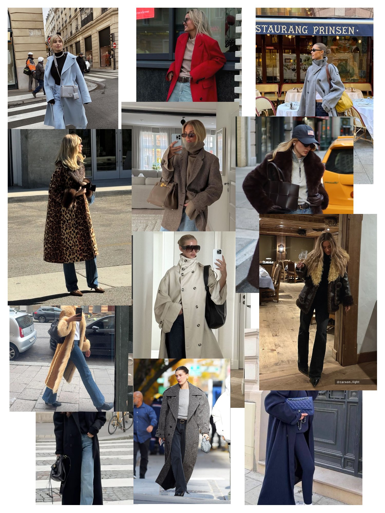 Street-style collage of 12 outfit photos featuring winter coats, scattered and overlapping