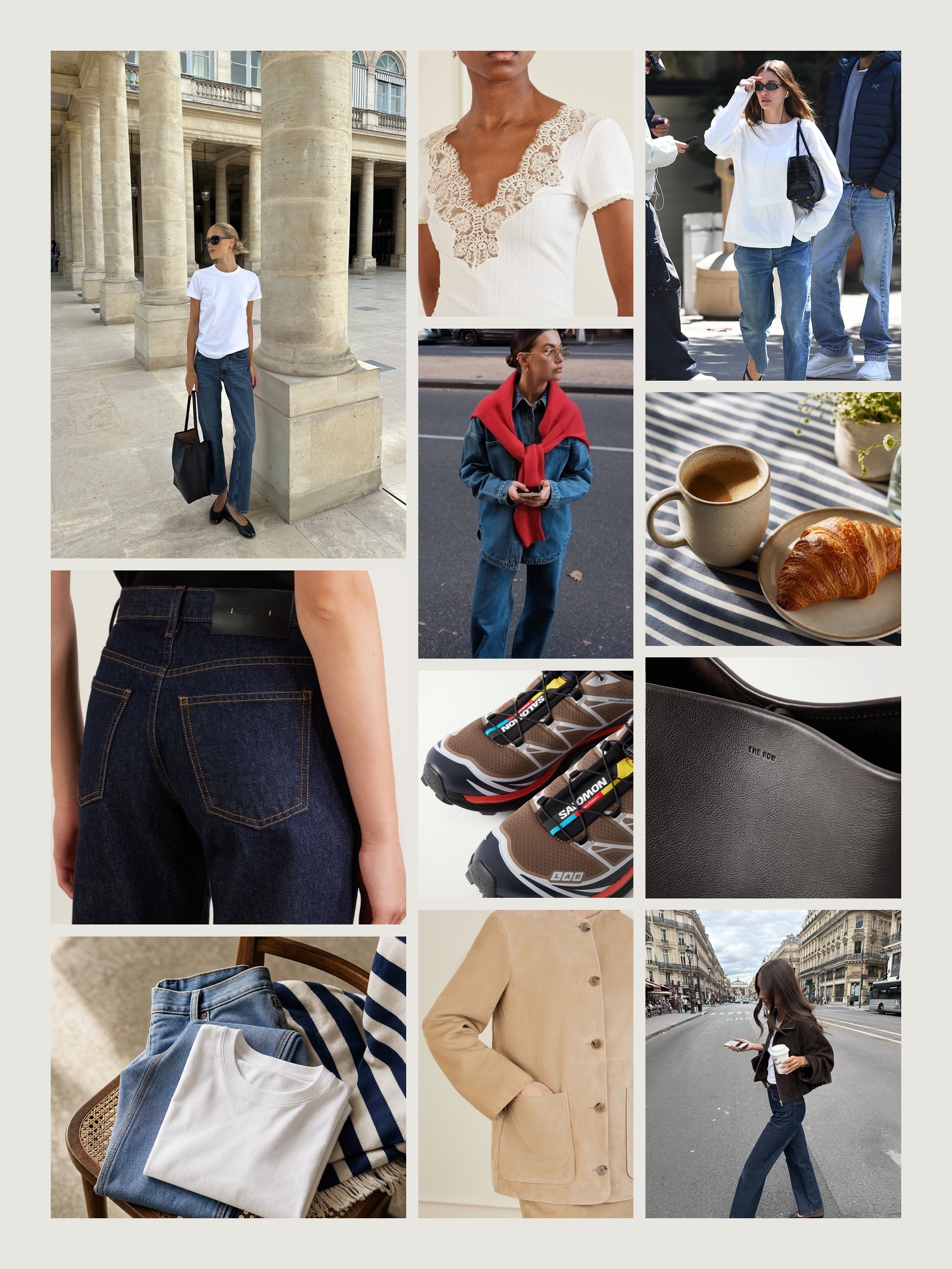 Mood board of casual outfits in denim, white and navy stripe