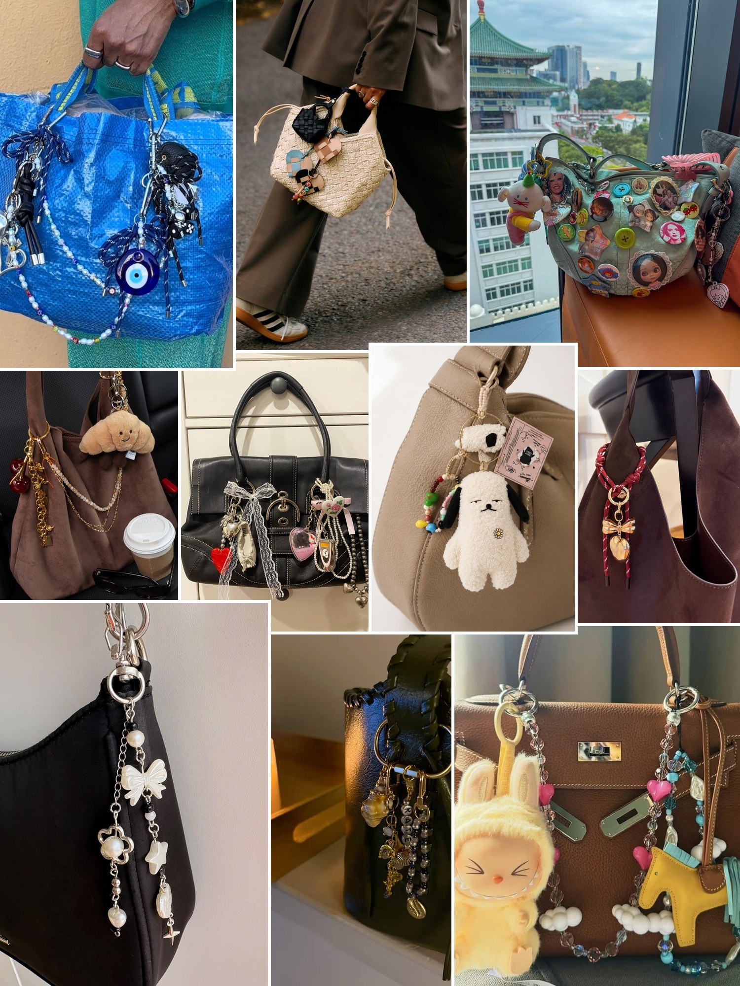 Collage of everyday outfits built around Mirumi bag charm