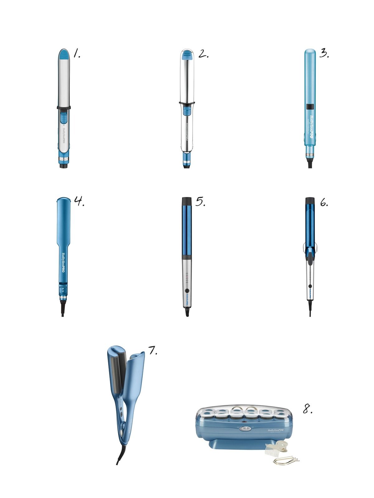 Numbered collage: 1. BaBylissPRO Nano Titanium Prima 3000 1 1/4” Ionic Hair Straightener; 2. BaBylissPRO Nano Titanium Prima3300 1 1/2" Ionic Hair Straightener Flat Iron; 3. BaBylissPRO Nano Titanium 1” Digital Hair Straightener Flat Iron; 4. BaBylissPRO Nano Titanium 1.5 Inch Ultra Thin Hair Straightener; 5. BaBylissPRO Nano Titanium 1 1/4” Curling Wand; 6. BaBylissPRO Nano Titanium 1 1/2” Extended Barrel Hair Curling Iron; 7. BaBylissPRO Nano Titanium Ionic Deep Waver; 8. BaBylissPRO Nano Titanium Professional 12 Jumbo Hair Roller Set