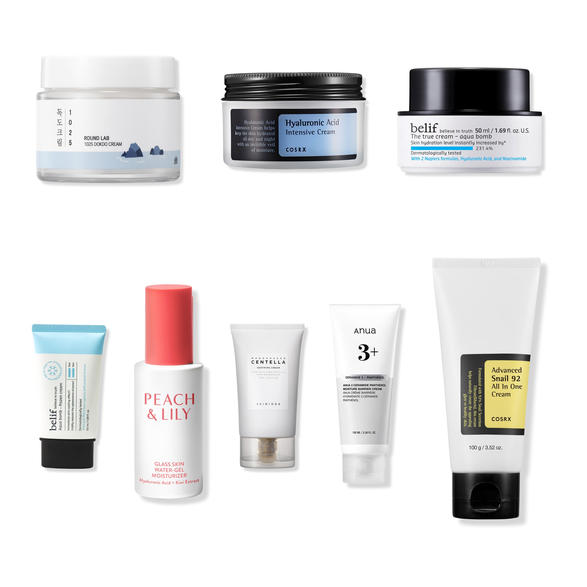 A collage of Korean gel moisturizers and barrier creams in this edit, arranged on a white background.