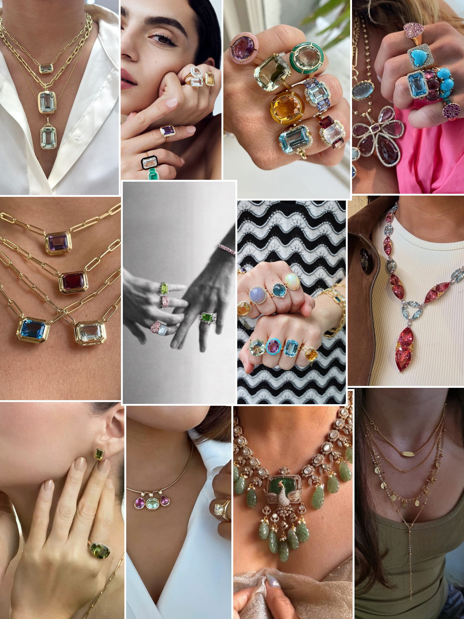 Collage of rings, earrings and layered necklaces worn up close, in the spirit of Goshwara