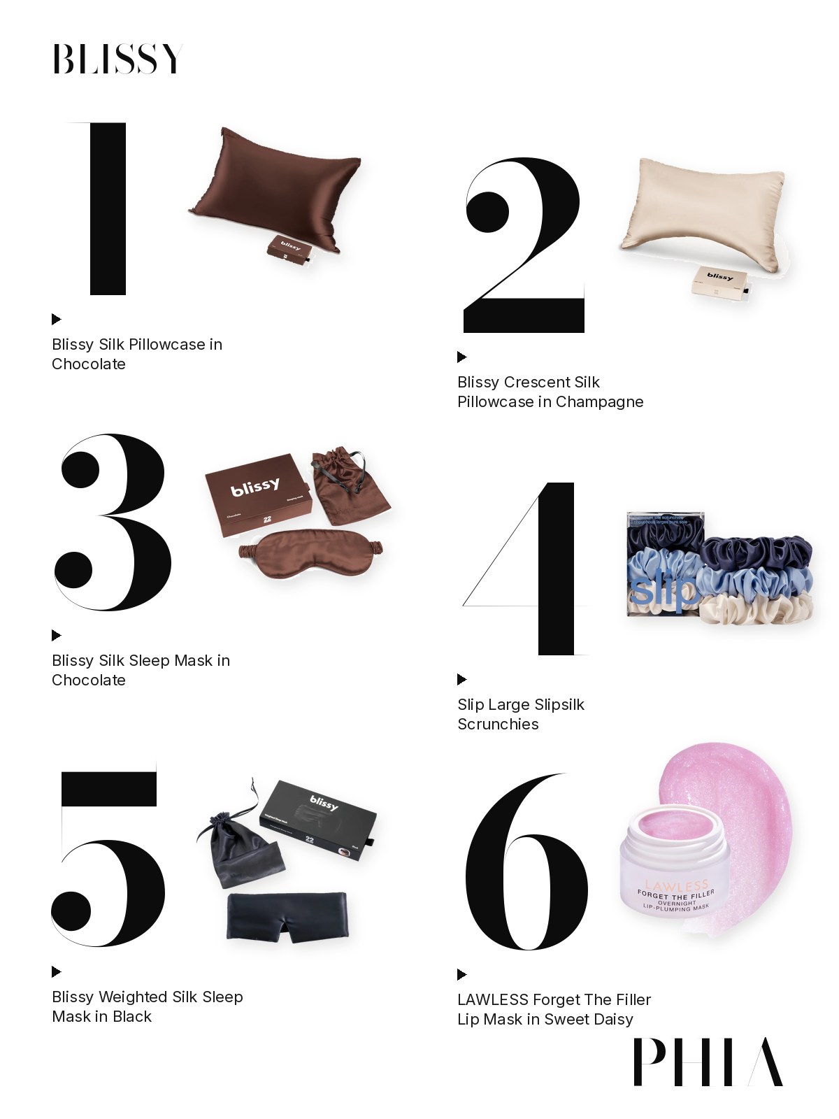 Big numbers collage for Blissy: six products from Blissy, Slip and Lawless, each set beside a large numeral