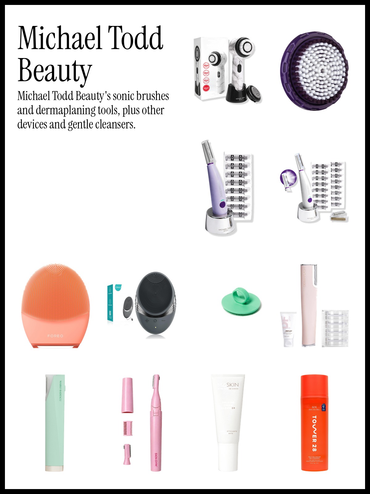 Collage of Michael Todd Beauty Soniclear Sonic Cleansing Brush, Foreo Luna 4 and DERMAFLASH LUXE+ Dermaplaning