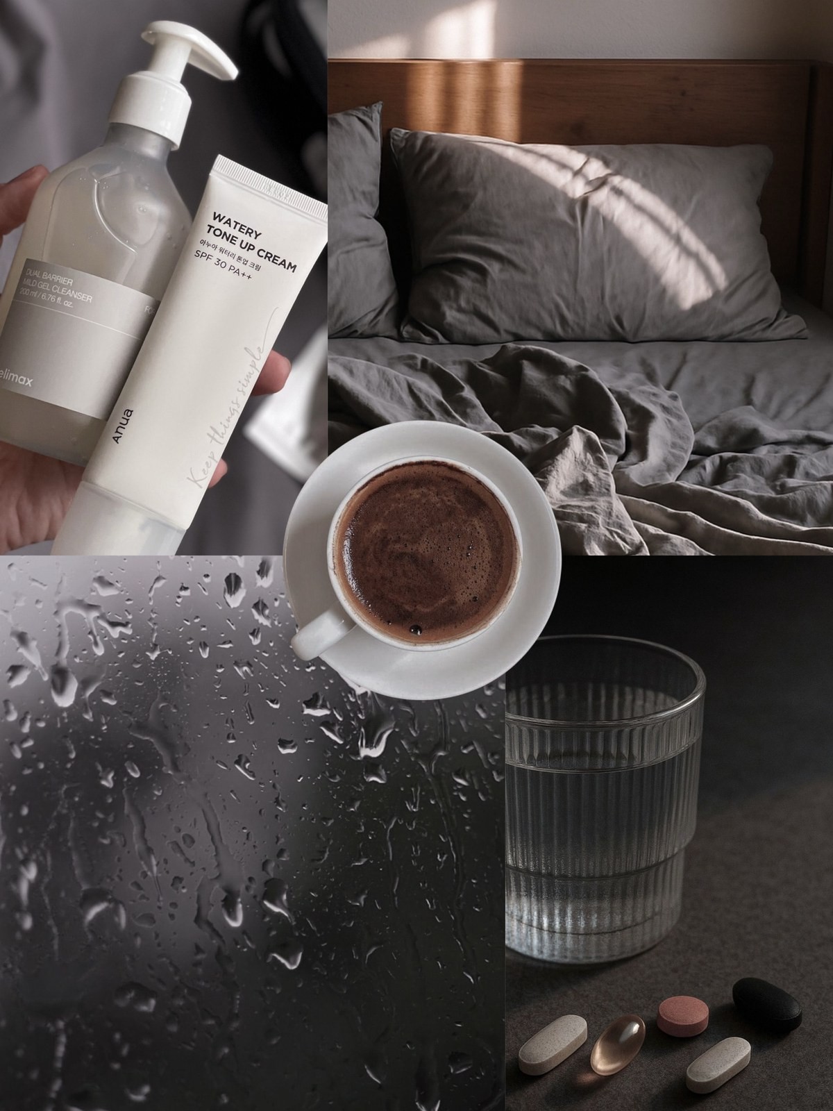 Collage of Korean skincare cleanser and cream, a rainy window, coffee and supplements