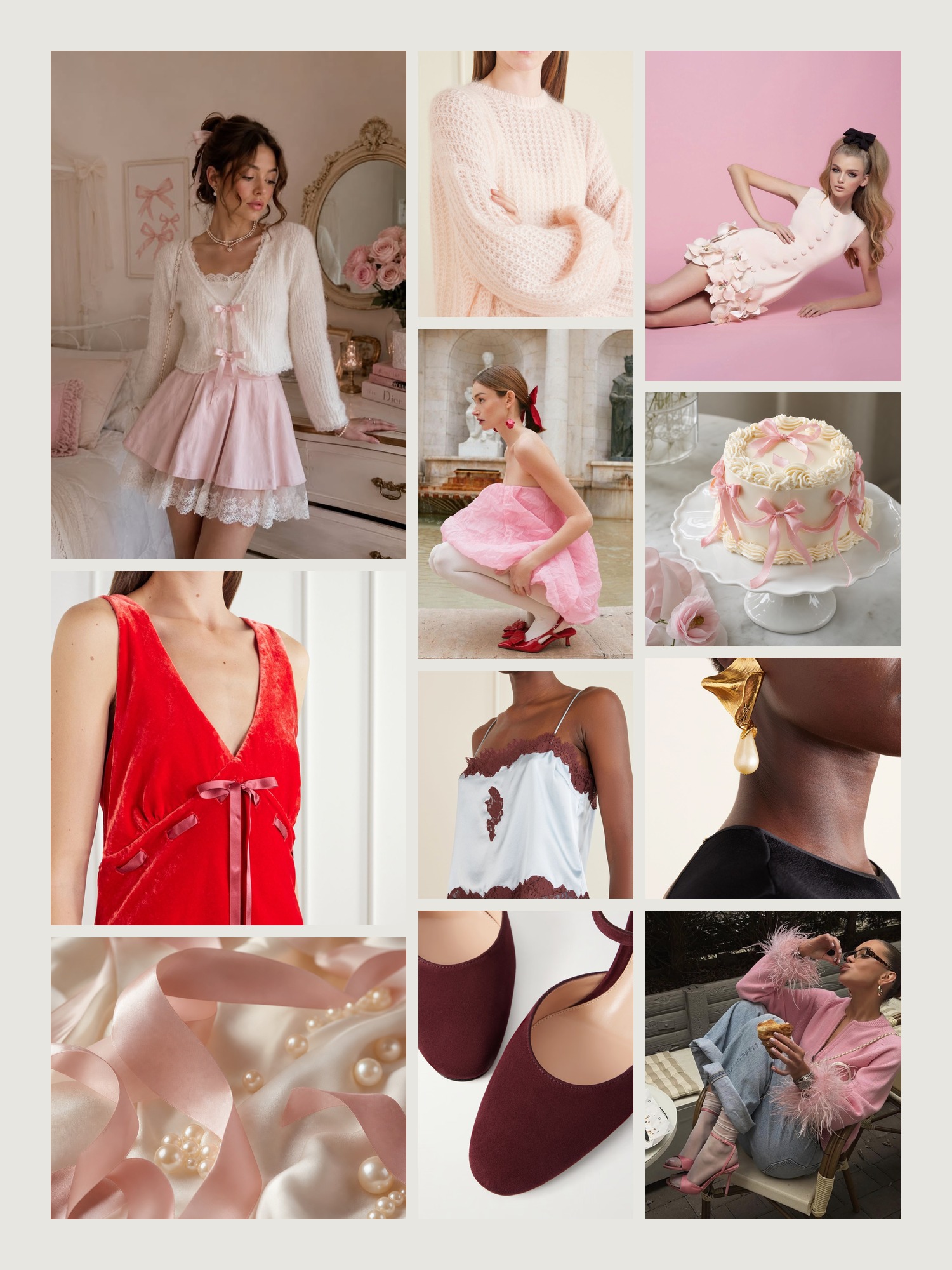 Mood board of coquette style in ballet pink and cream
