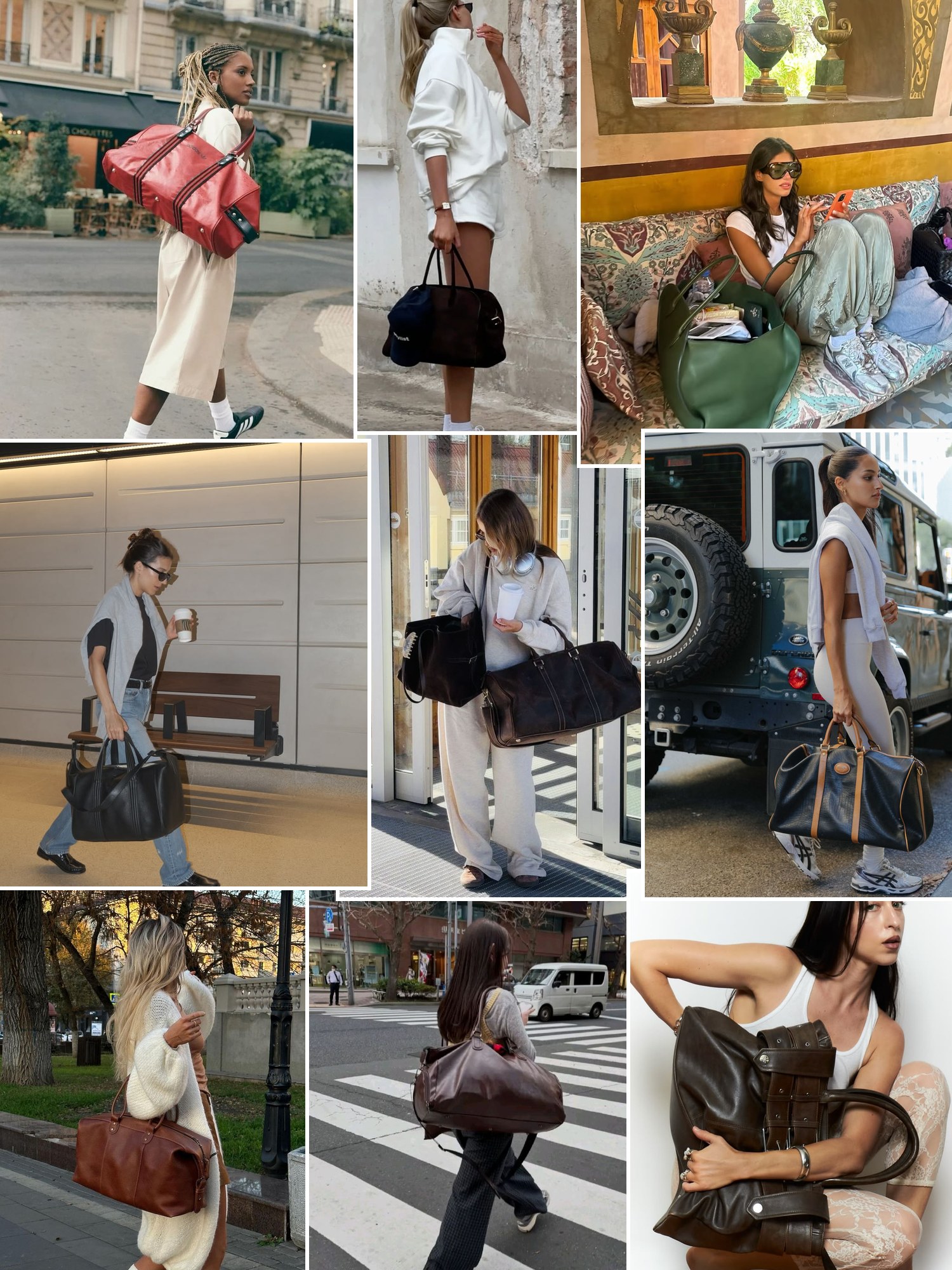 Collage of women traveling with leather and nylon duffle bags