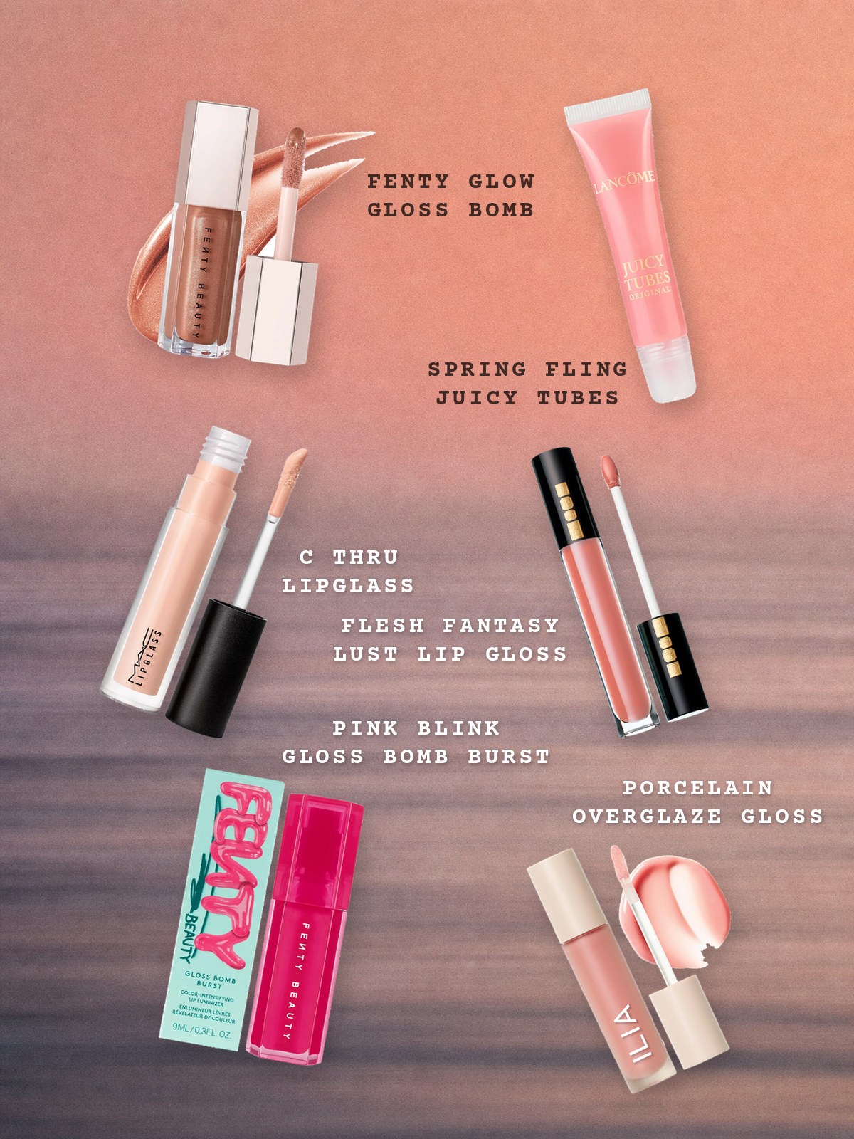 Floating-products collage with Fenty Beauty Gloss Bomb shades plus lip glosses from Lancôme, MAC Cosmetics, PAT McGRATH LABS, and ILIA.