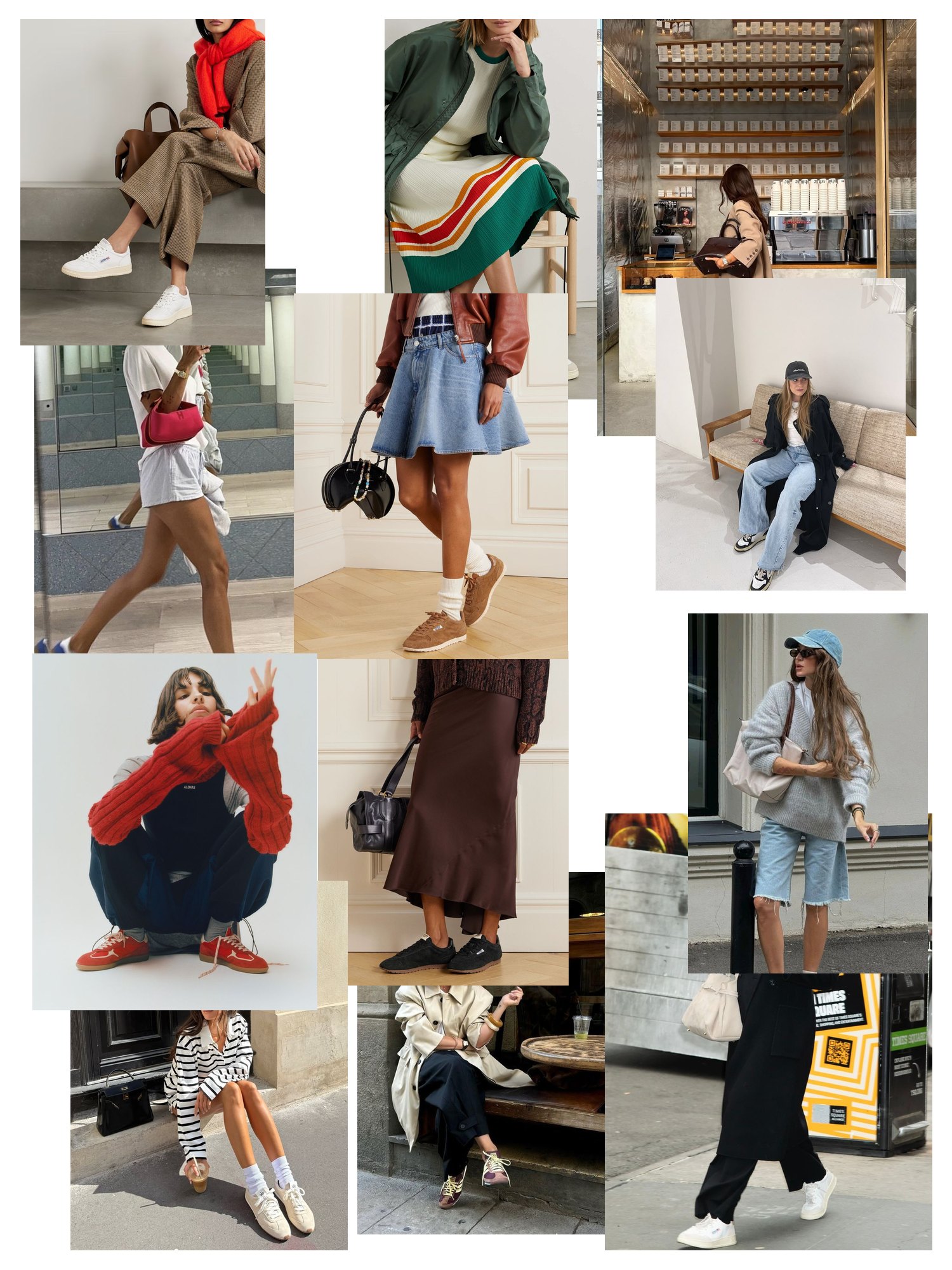 Street-style collage of 12 outfit photos featuring autry sneakers, scattered and overlapping