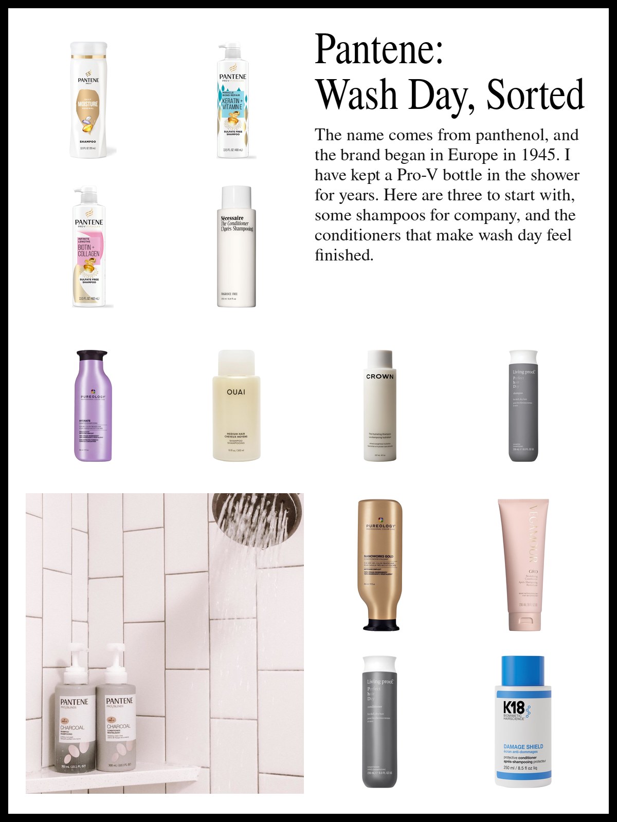 Collage of shampoos, conditioners and hair care bottles beside a photo of a wet bathroom shelf, with splashing water, perfume and cleanser bottles, a horn comb, a toothbrush in a glass and a coiled tape measure.