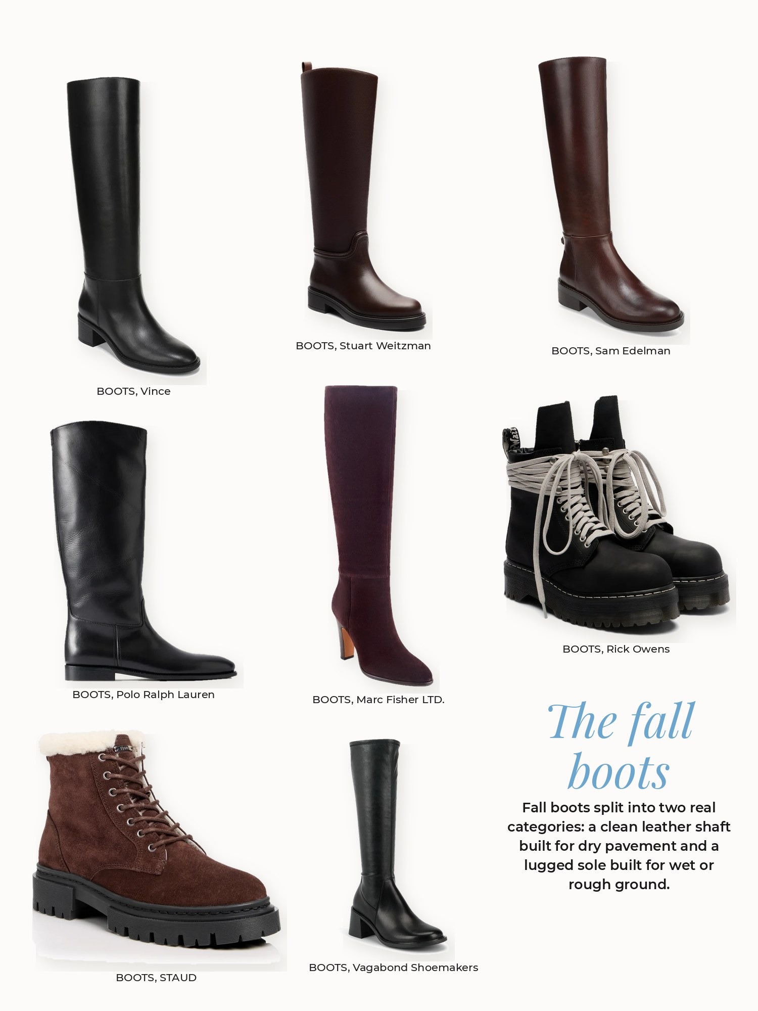 Fall boots collage: Marc Fisher LTD., Polo Ralph Lauren, Rick Owens, STAUD, Sam Edelman, Stuart Weitzman, Vagabond Shoemakers, Vince