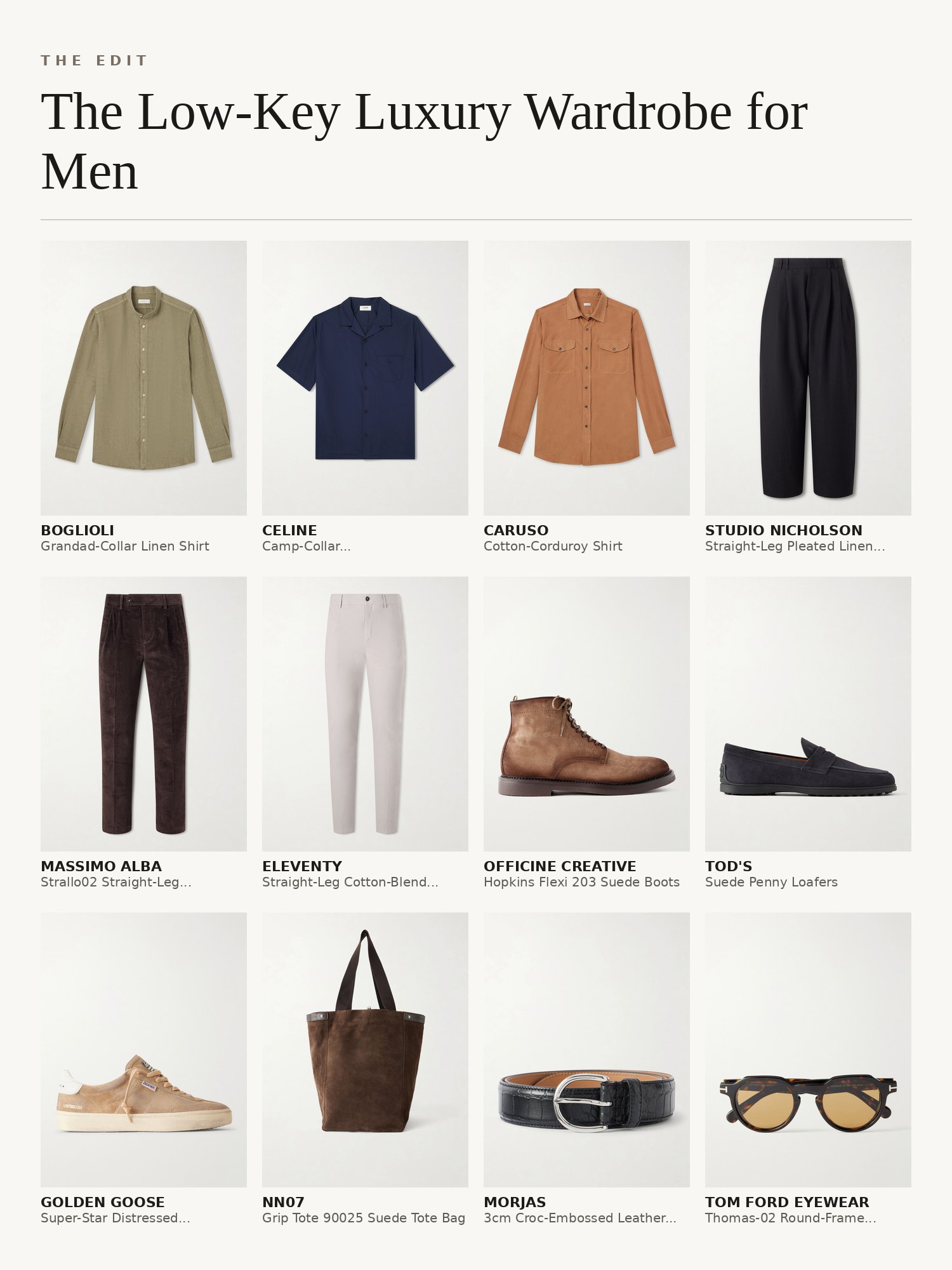 Collage of a quiet luxury men's wardrobe: neutral polos and T-shirts, linen shirts, straight trousers, suede loafers, tortoiseshell sunglasses and leather belts